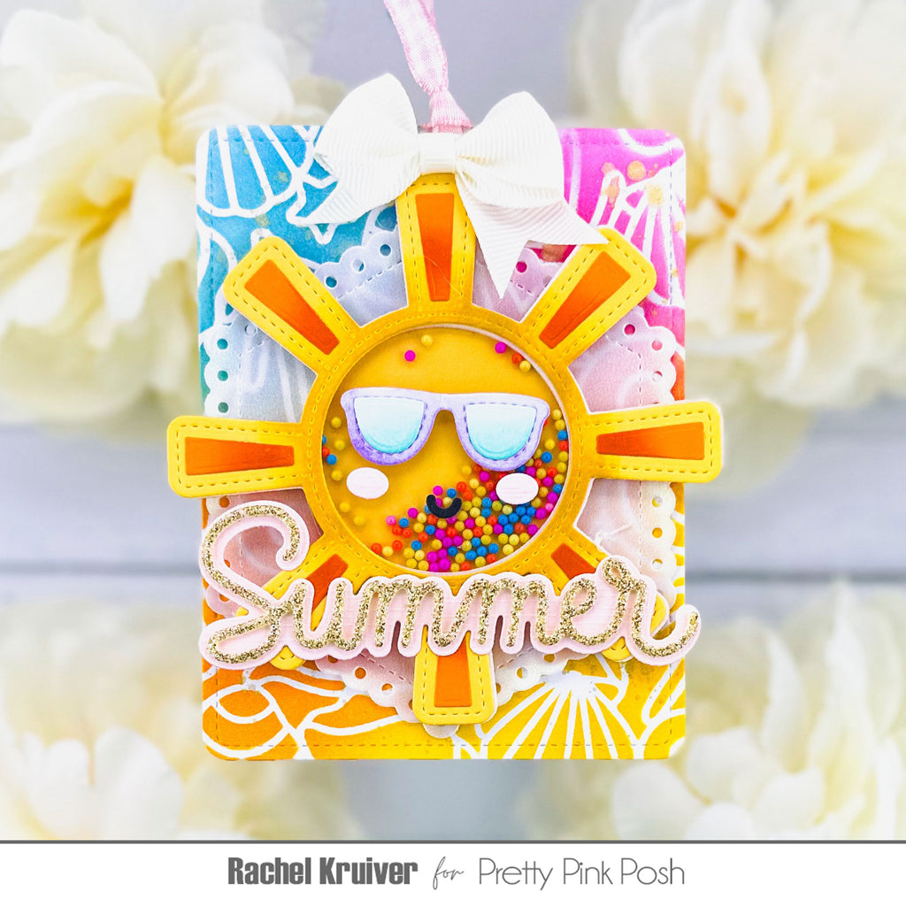 Pretty Pink Posh Beach Party Glass Shaker Beads sun yellow rays sunglasses smile shells beach summer shaker card