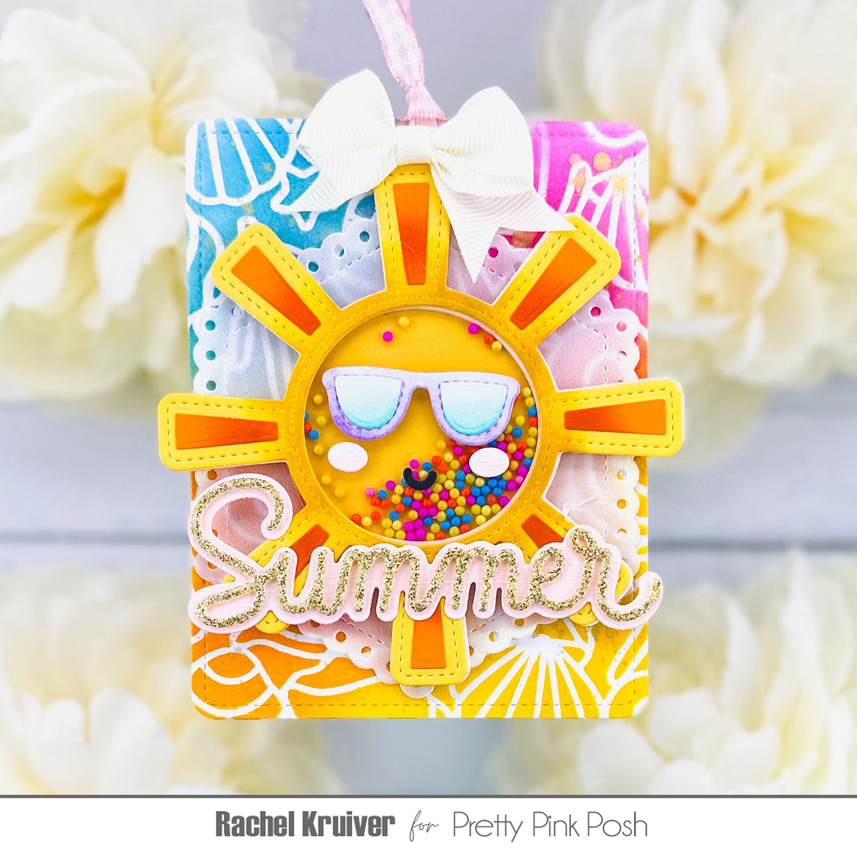 Pretty Pink Posh Beach Party Glass Shaker Beads sun yellow rays sunglasses smile shells beach summer shaker card