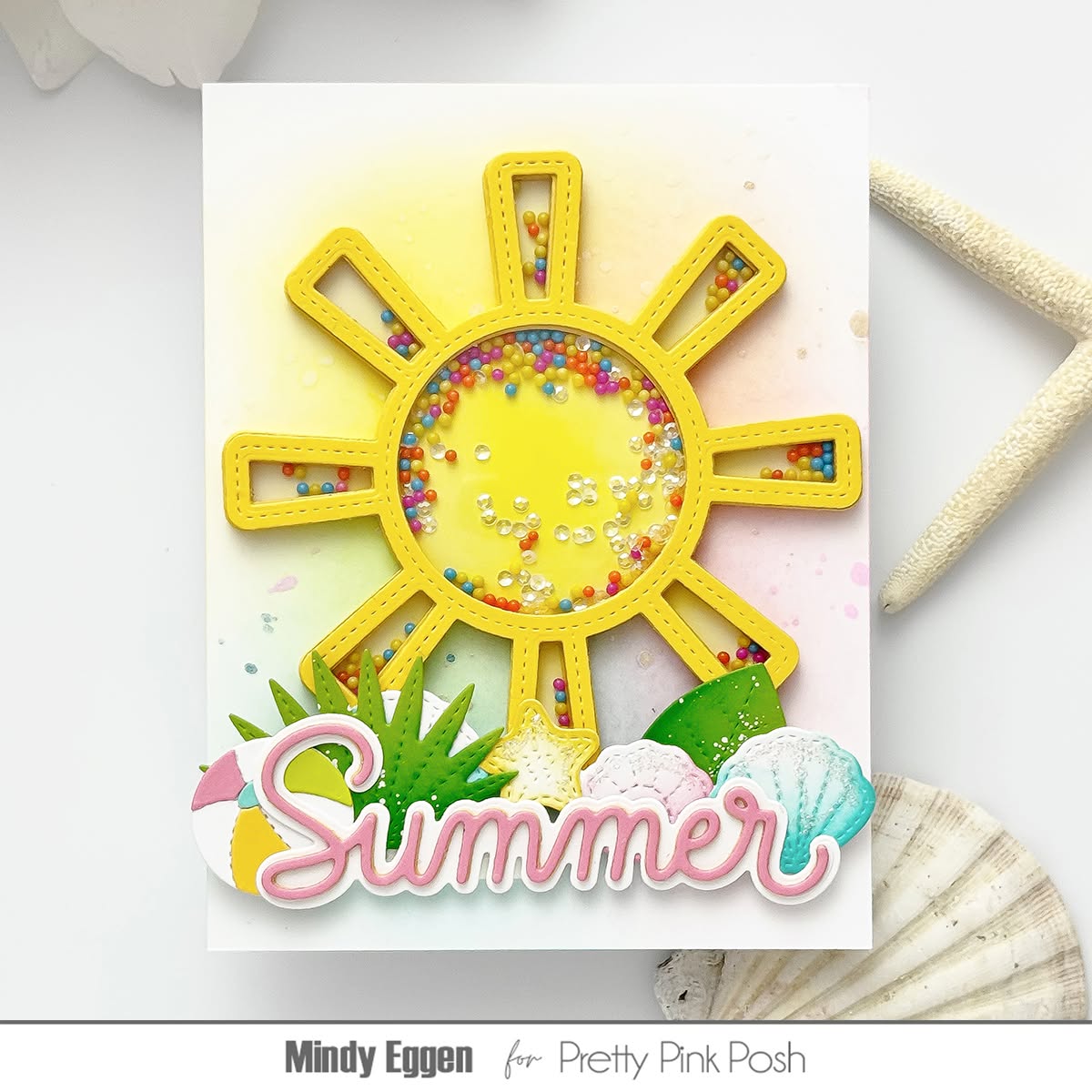 Pretty Pink Posh Beach Party Glass Shaker Beads sun yellow starfish shells beachball rays grass summer shaker card