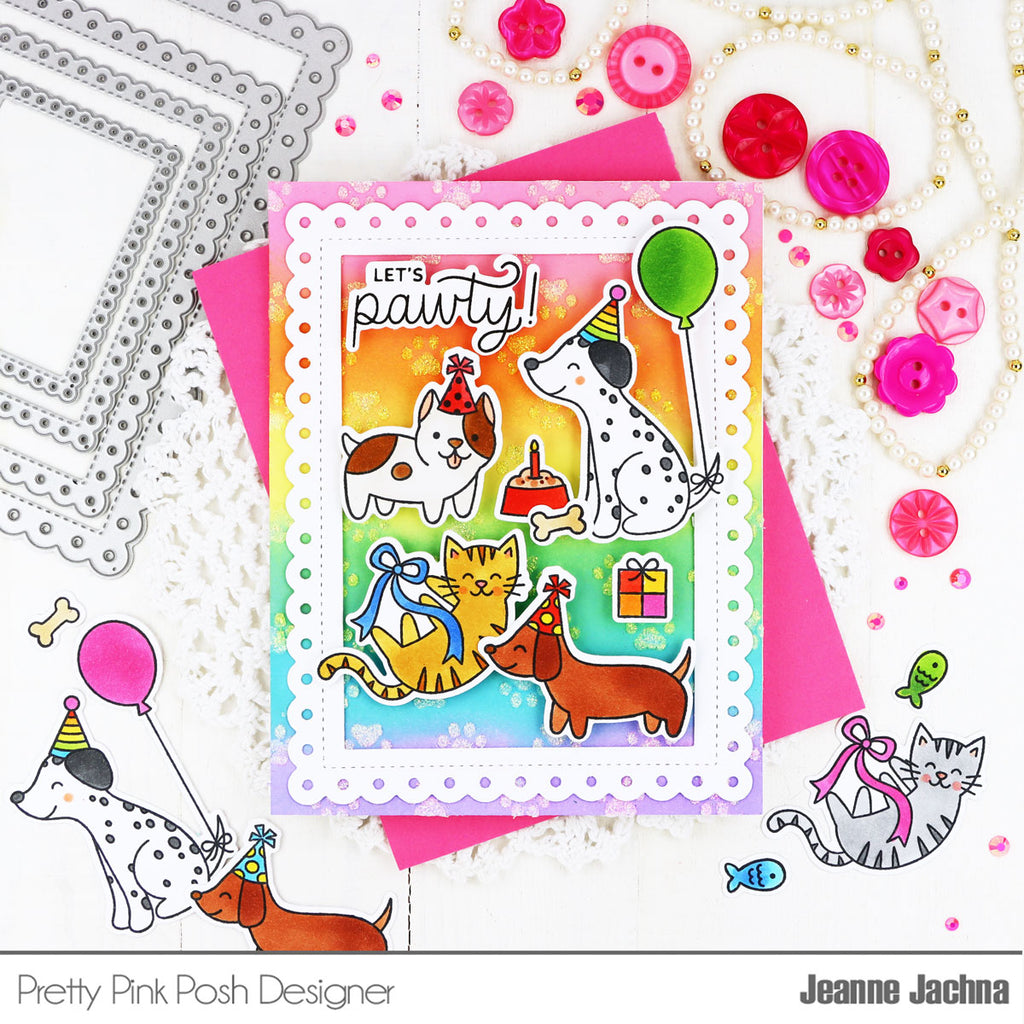 Pretty Pink Posh  Birthday Dogs and Cats Clear Stamp and Die Set rainbow