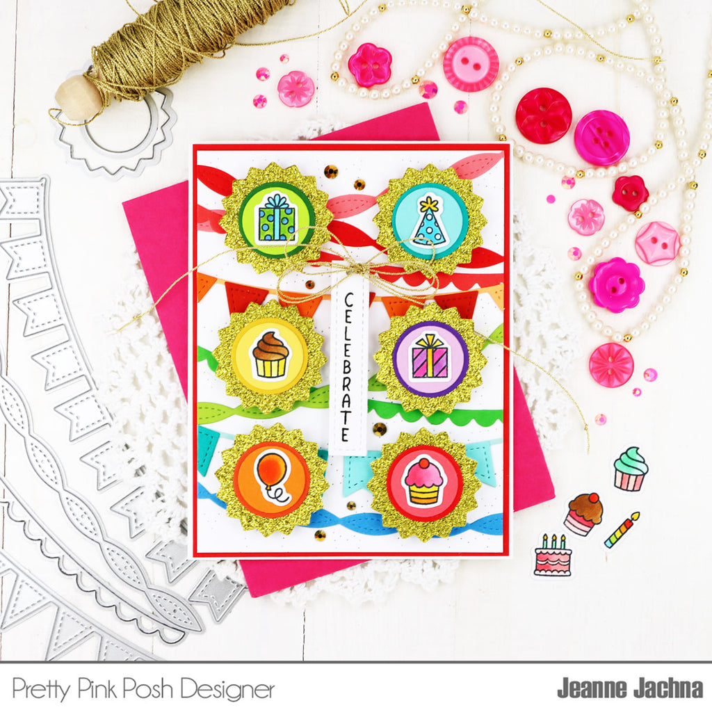 Pretty Pink Posh Birthday Icons Clear Stamps gold glitter