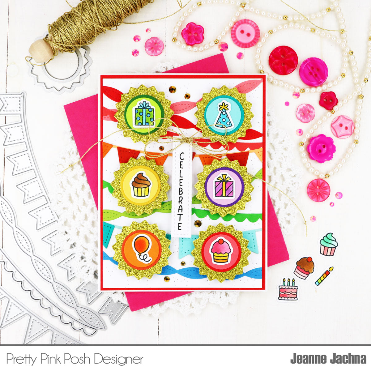 Pretty Pink Posh Birthday Icons Clear Stamps gold glitter