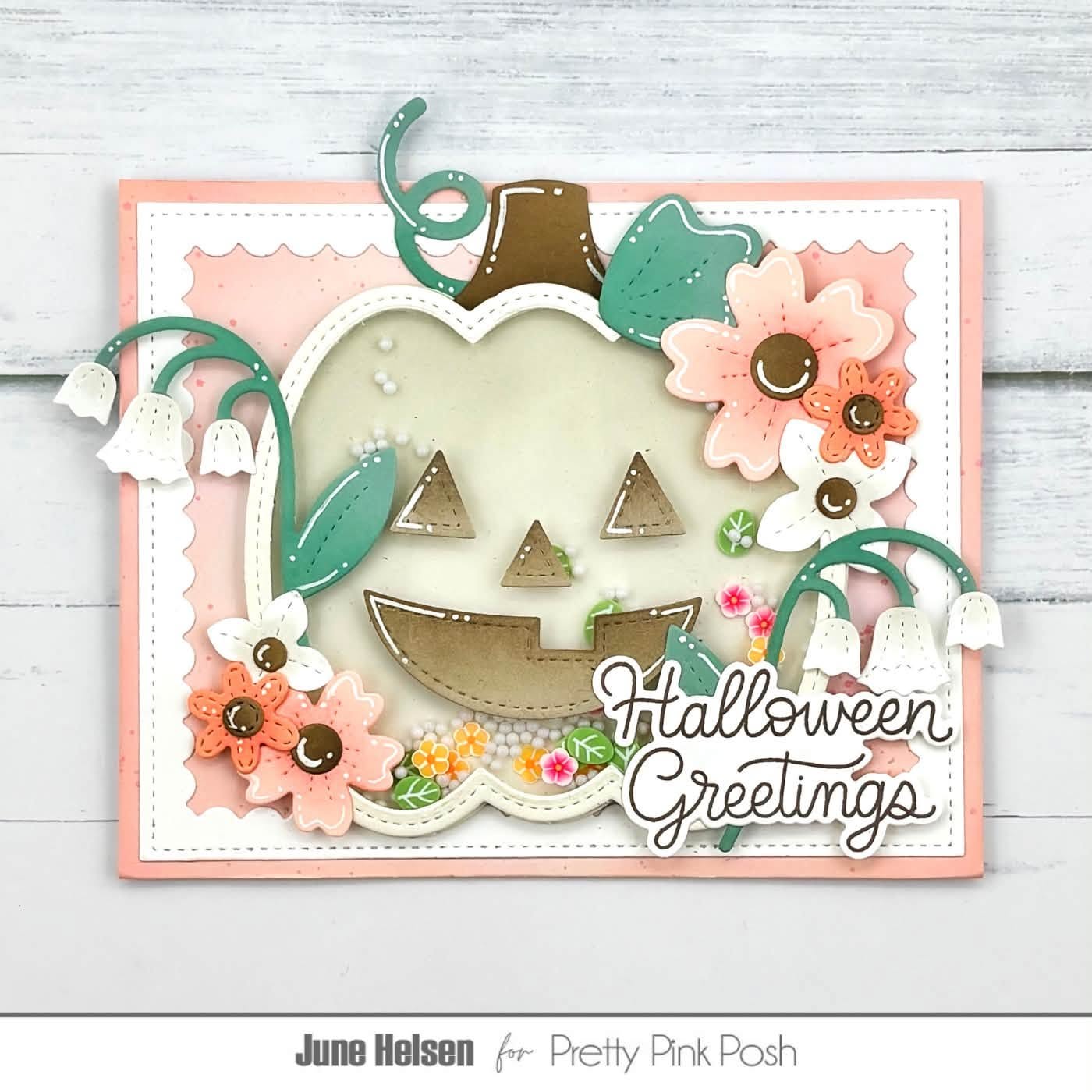 Pretty Pink Posh Boo Greetings Clear Stamp and Die Set halloween greetings shaker card