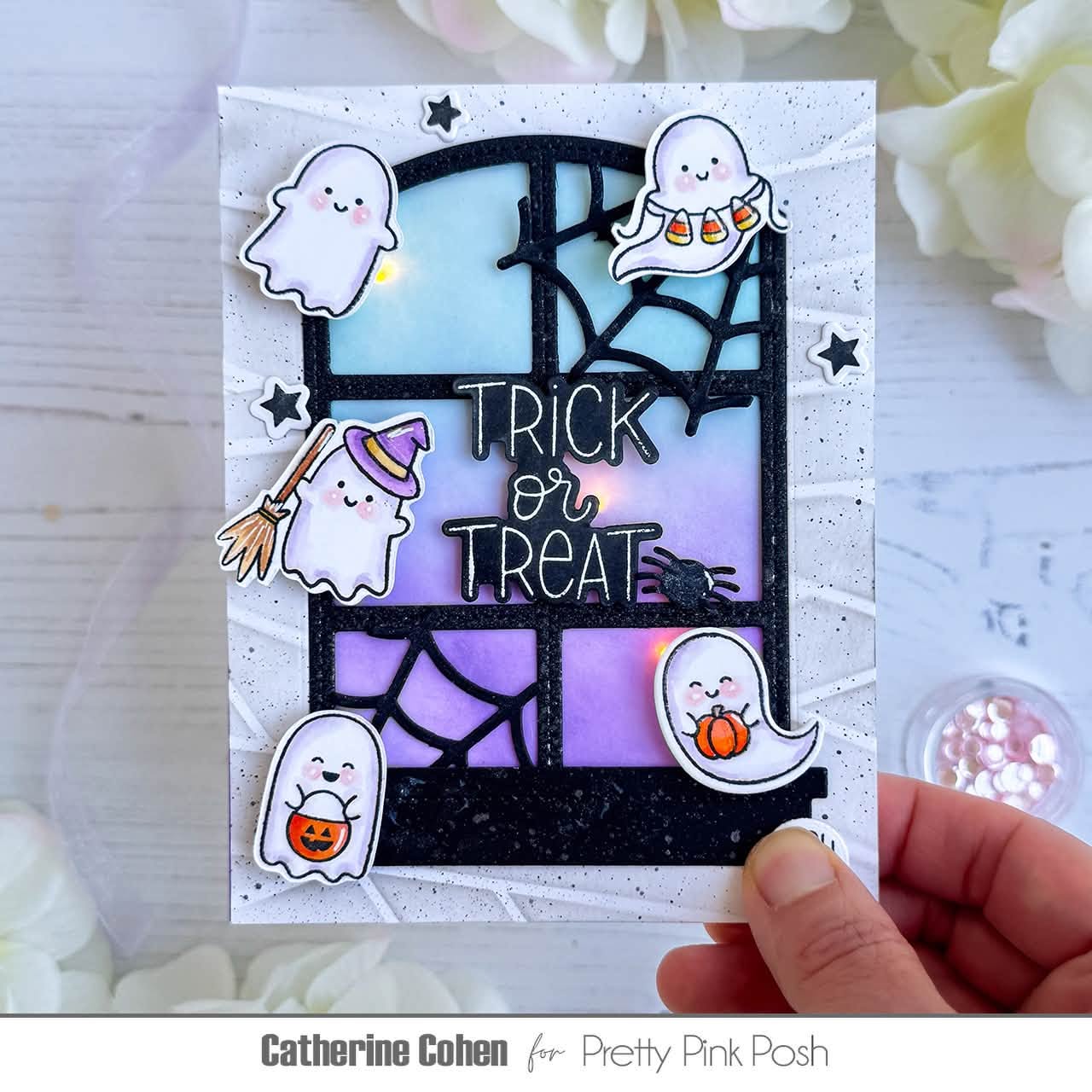 Pretty Pink Posh Boo Greetings Clear Stamp and Die Set trick or treat light up card