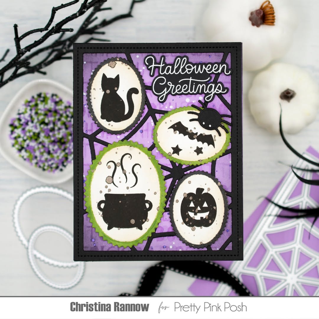 Pretty Pink Posh Boo Greetings Clear Stamps spider web background card
