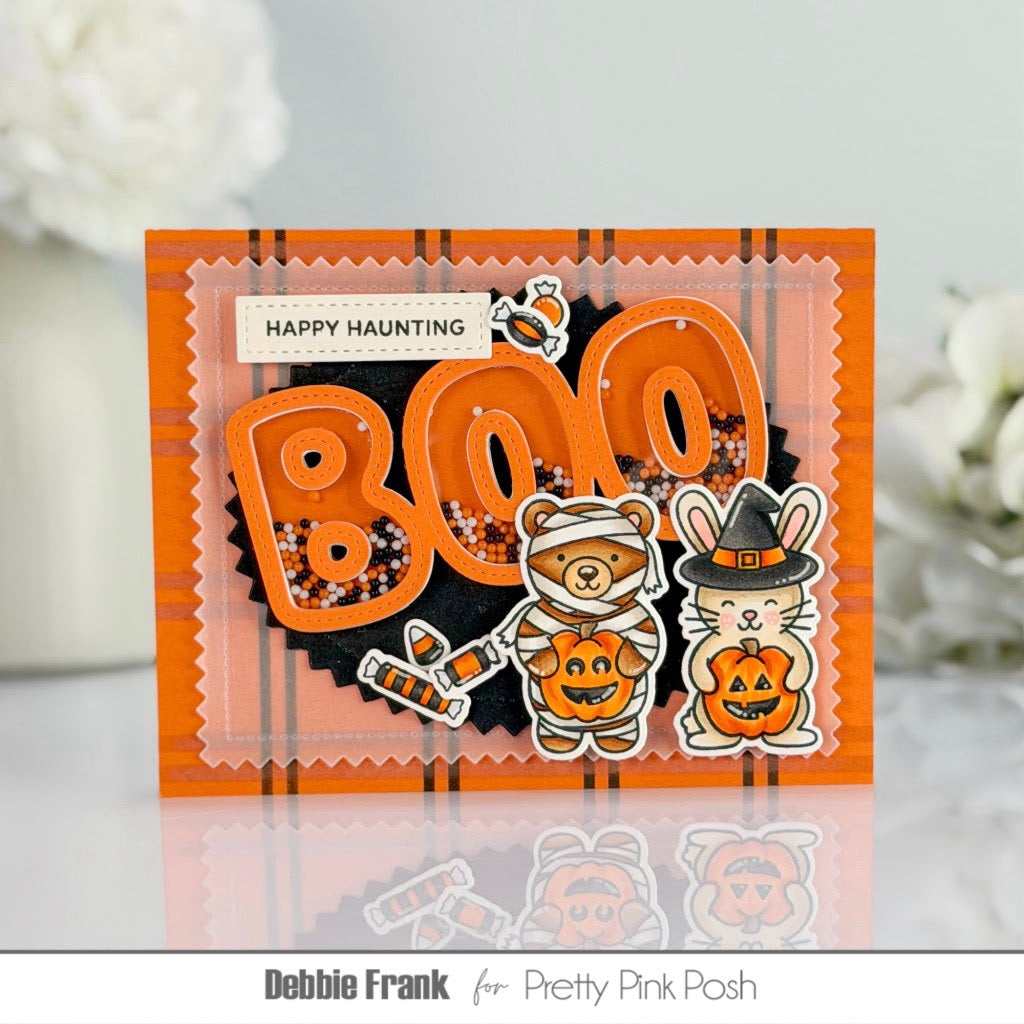 Pretty Pink Posh Boo Word Shaker Dies happy haunting shaker card debbie frank