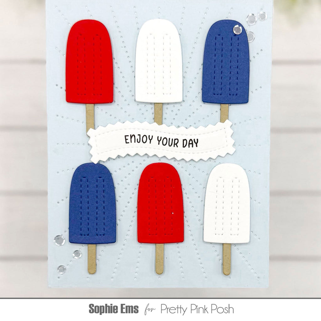 Pretty Pink Posh Candy Bucket and Summer Bucket Additions Die Set red white blue popsicles stitched rays sequins enjoy your day card