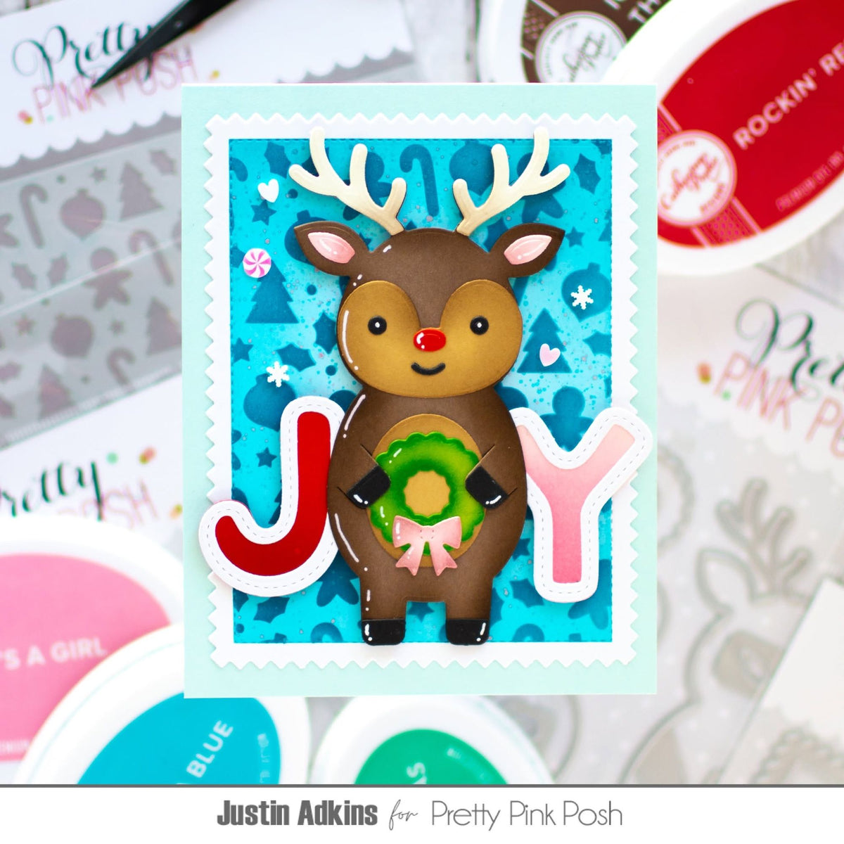 Pretty Pink Posh Christmas Shapes Stencil joy wreath blue background card