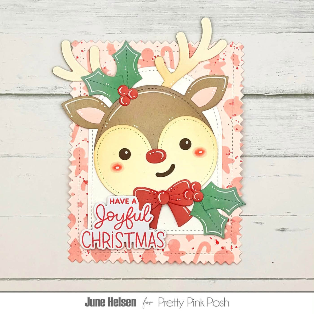 Pretty Pink Posh Christmas Shapes Stencil red bow reindeer card