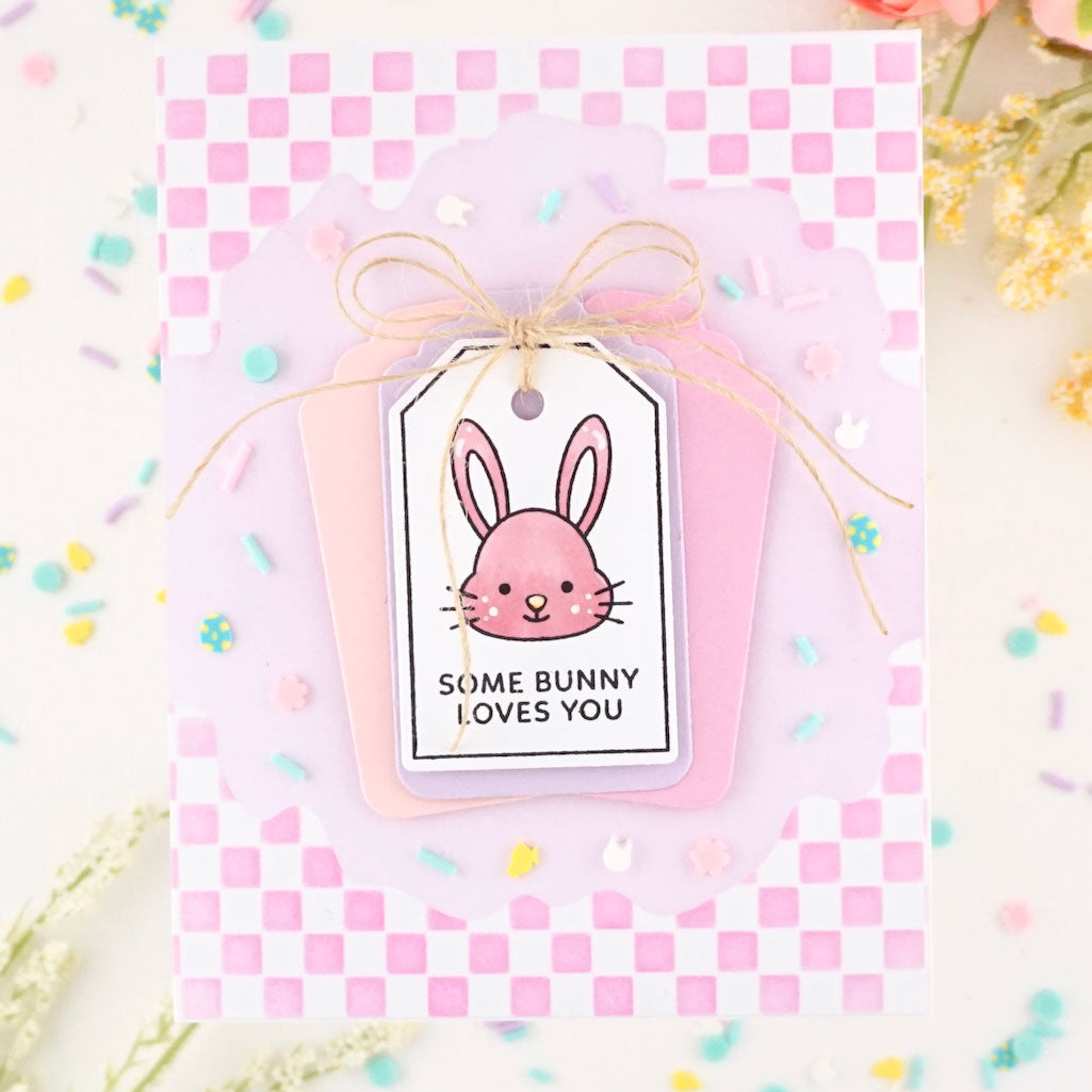 Pretty Pink Posh Easter Tags Clear Stamp and Die Set pink checkerboard