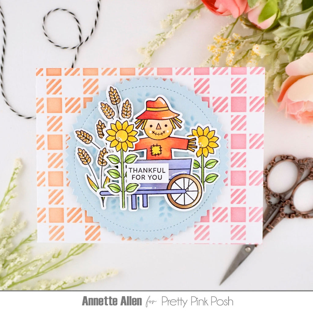 Pretty Pink Posh Fall Scarecrows Clear Stamp and Die Set thankful for you card