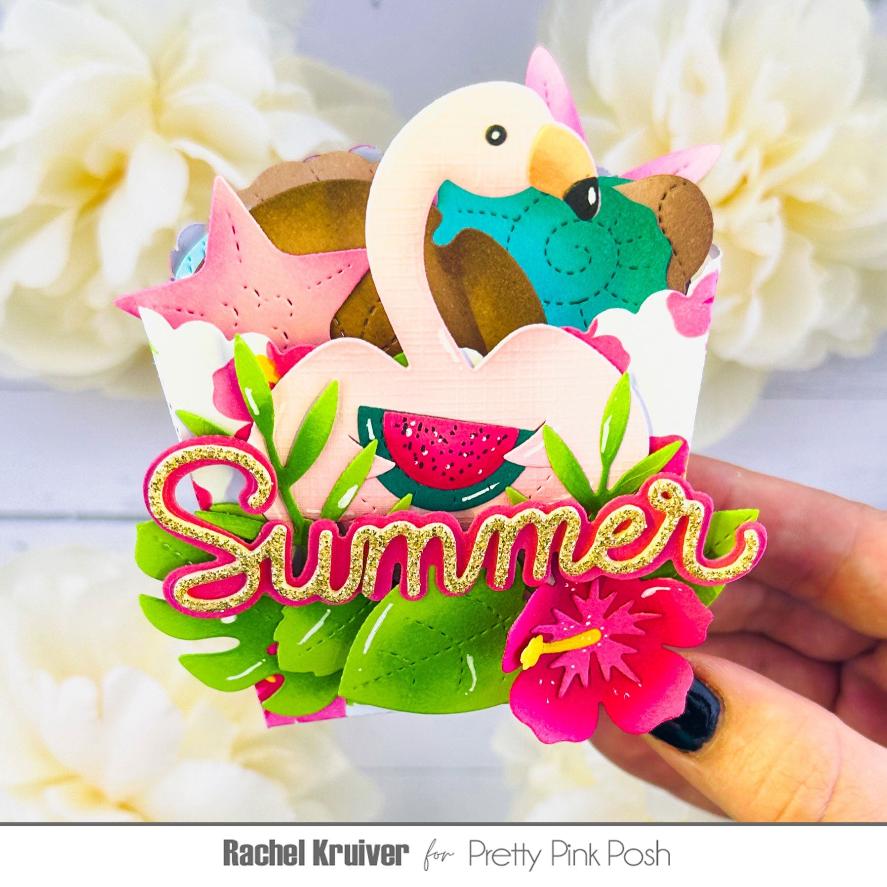 Pretty Pink Posh Flamingo Holder Dies watermelon hibiscus seashells greenery cup 