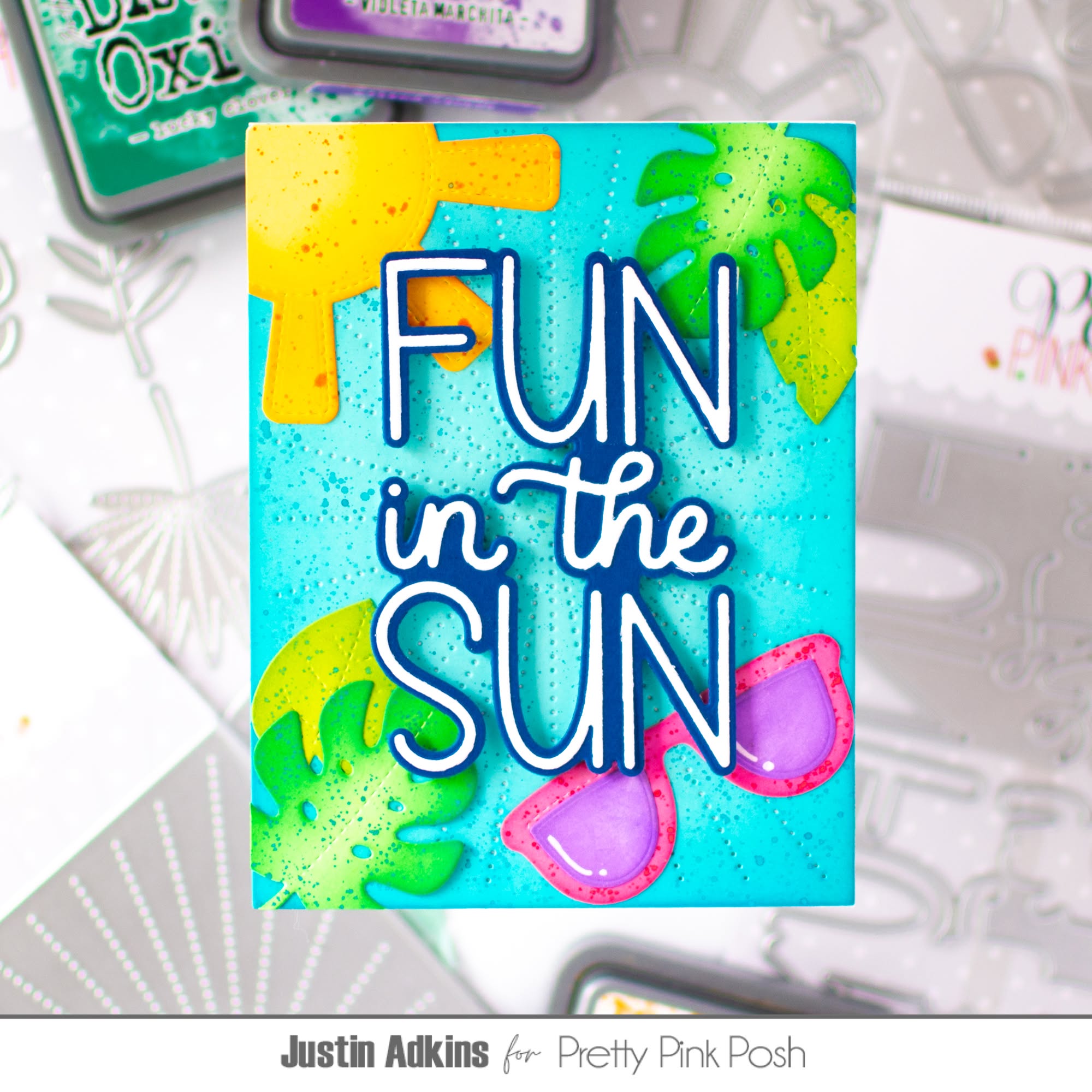 Pretty Pink Posh Fun In The Sun Shadow Dies sunshine stitched rays tropical leaves sunglasses words card
