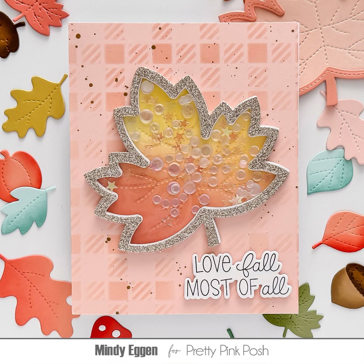 Pretty Pink Posh Gingham Stencil leaf shaker card