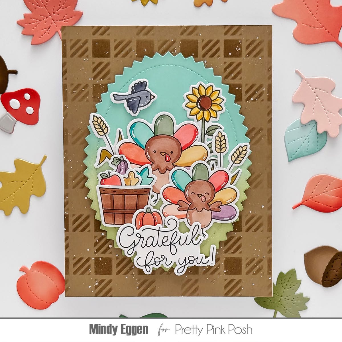 Pretty Pink Posh Gingham Stencil turkeys grateful card
