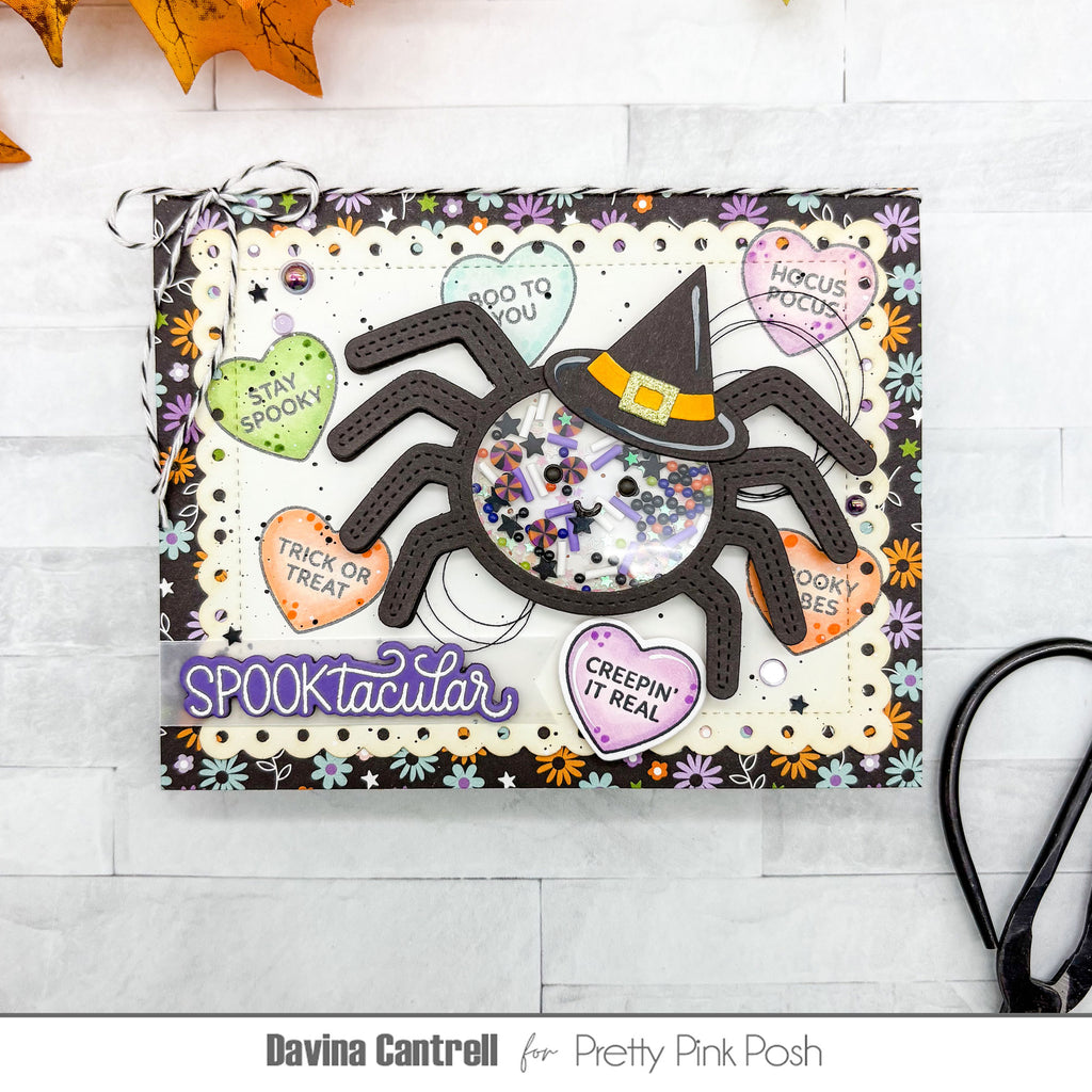 Pretty Pink Posh Halloween Candy Hearts Clear Stamp and Die Set shaker card