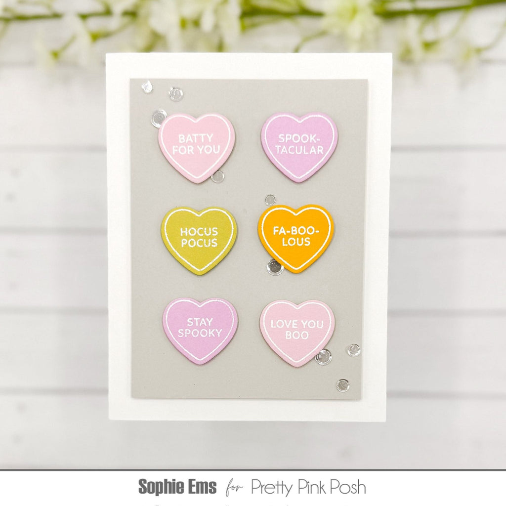 Pretty Pink Posh Halloween Candy Hearts Clear Stamp and Die Set stay spooky