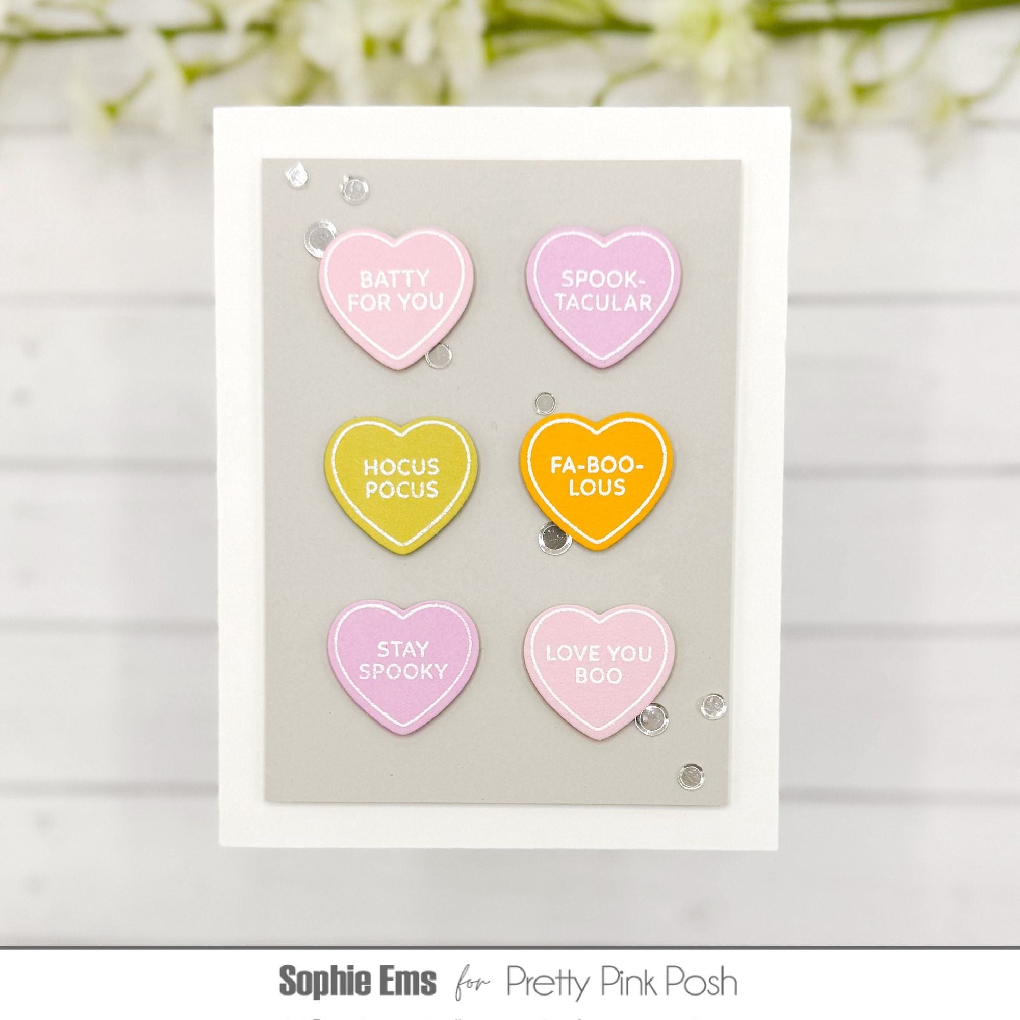 Pretty Pink Posh Halloween Candy Hearts Clear Stamp and Die Set stay spooky