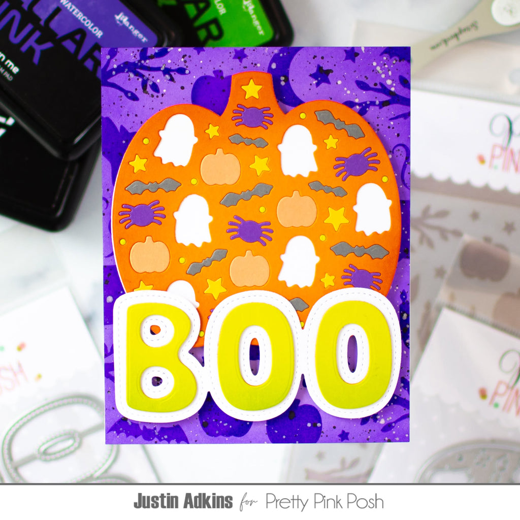 Pretty Pink Posh Halloween Silhouettes Background Stencil decorated pumpkin card