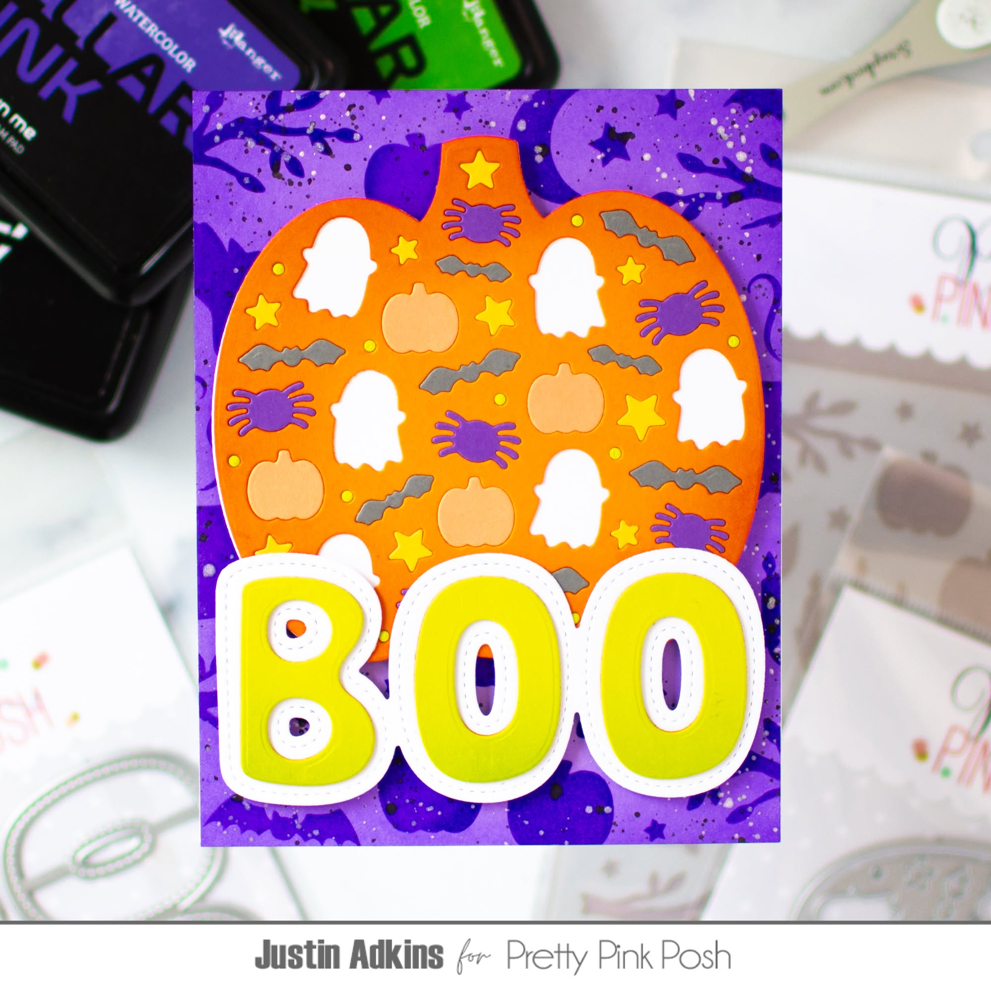 Pretty Pink Posh Halloween Silhouettes Background Stencil decorated pumpkin card