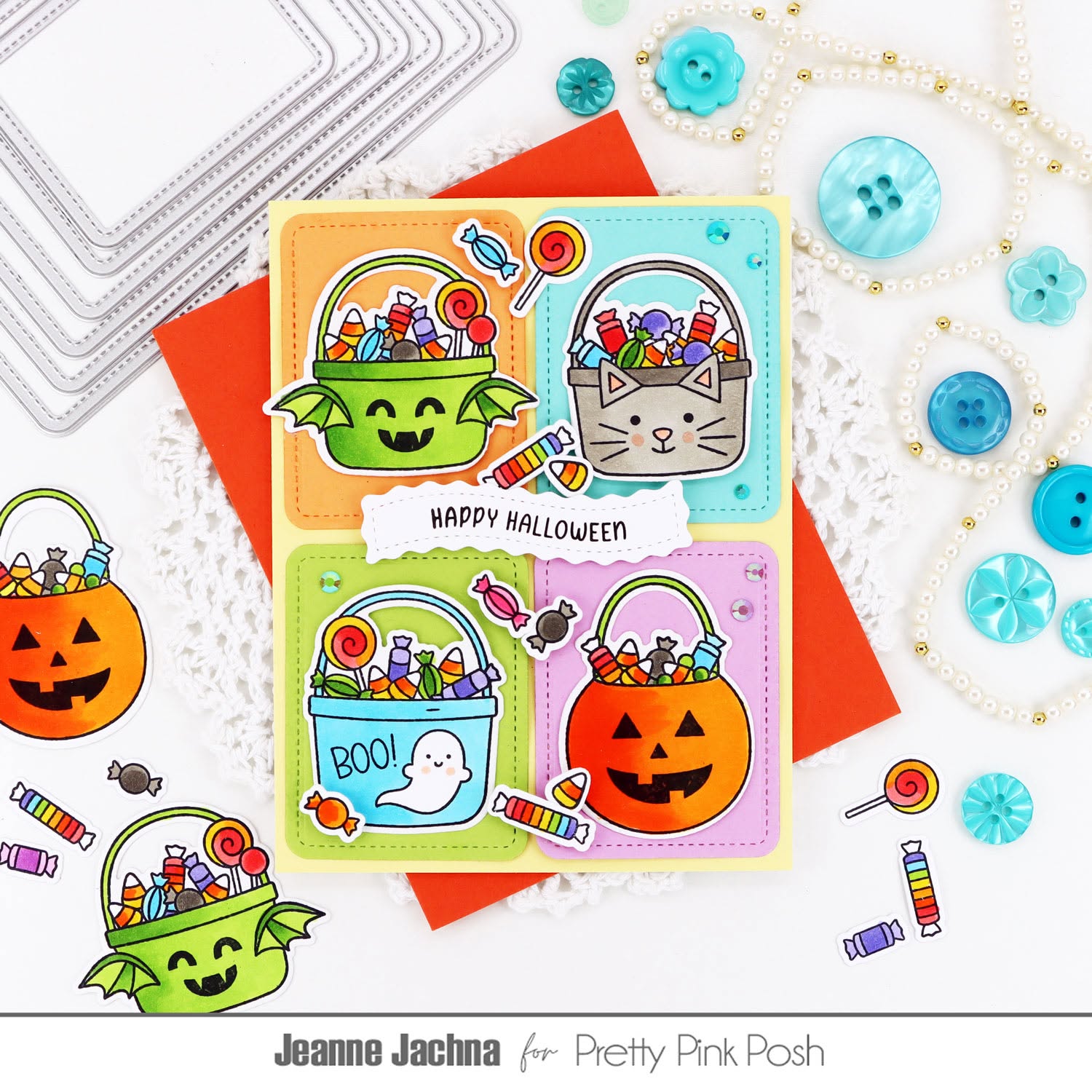 Pretty Pink Posh Halloween Treat Buckets Coordinating Dies happy halloween card