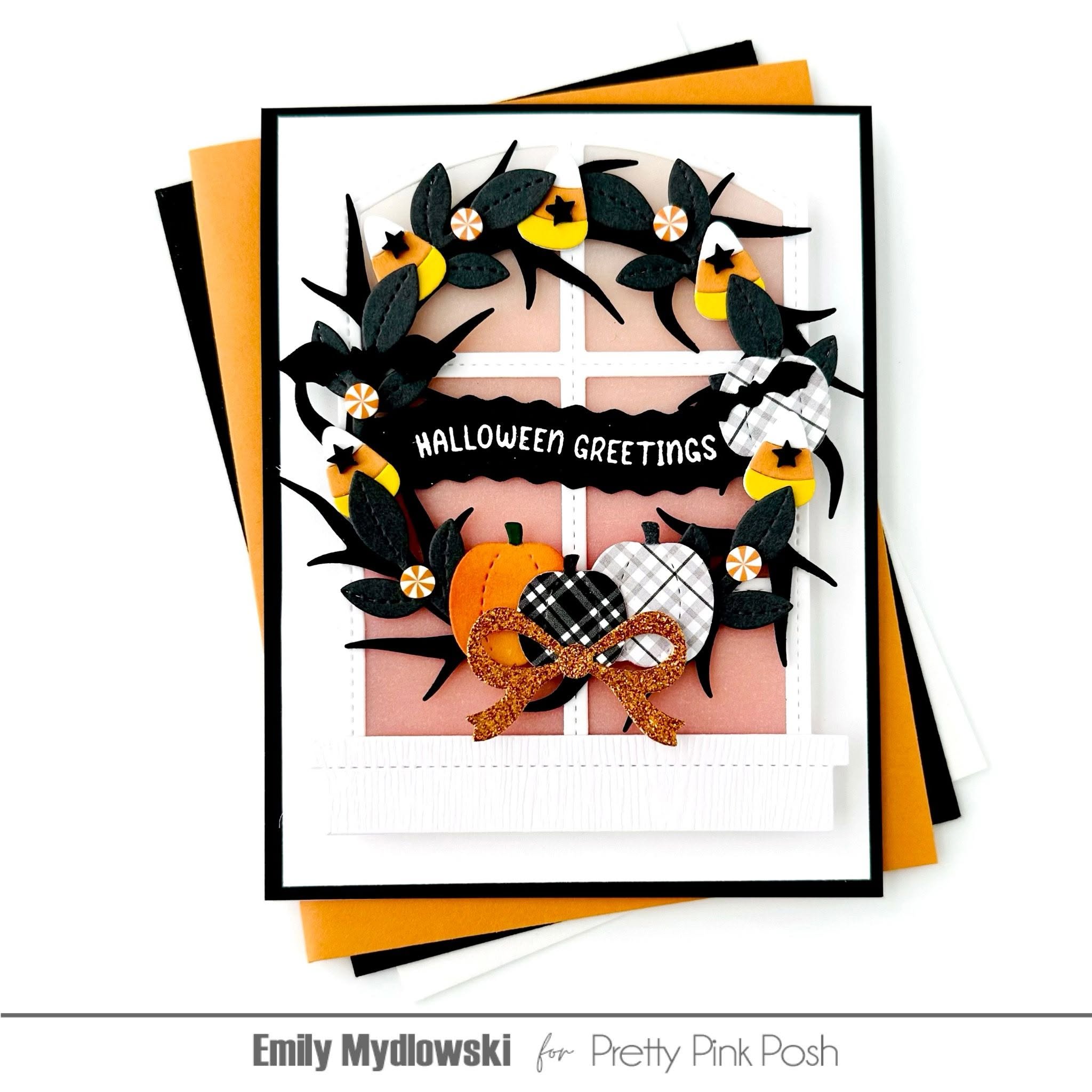 Pretty Pink Posh Halloween Wreath Builder Dies orange glitter bow halloween card