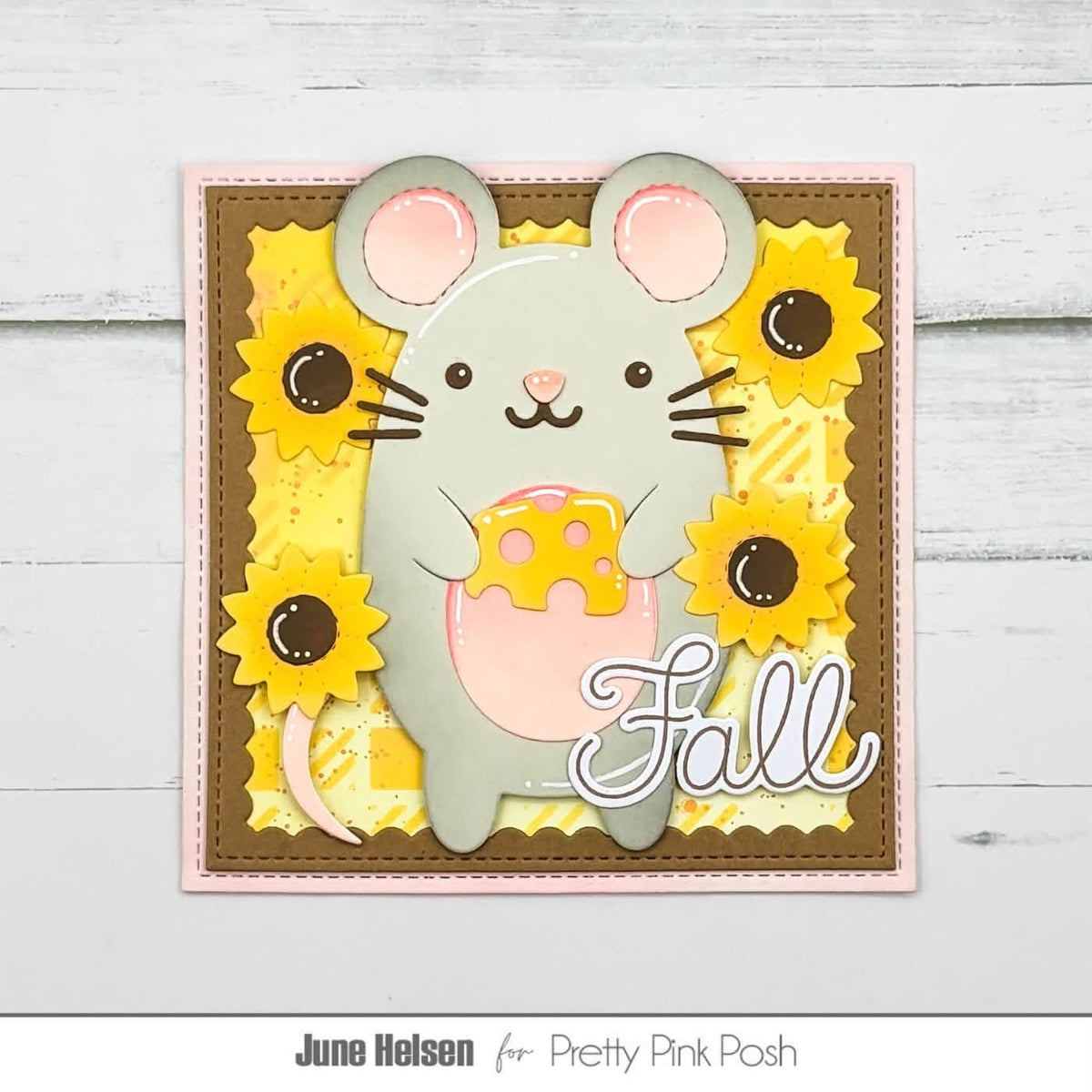 Pretty Pink Posh Happy Fall Clear Stamp and Die Set mouse sunflowers card