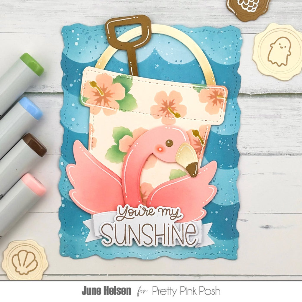 Pretty Pink Posh Happy Summer Clear Stamp and Die Set pink flamingo hibiscus tropical leaves bucket shovel waves blue card