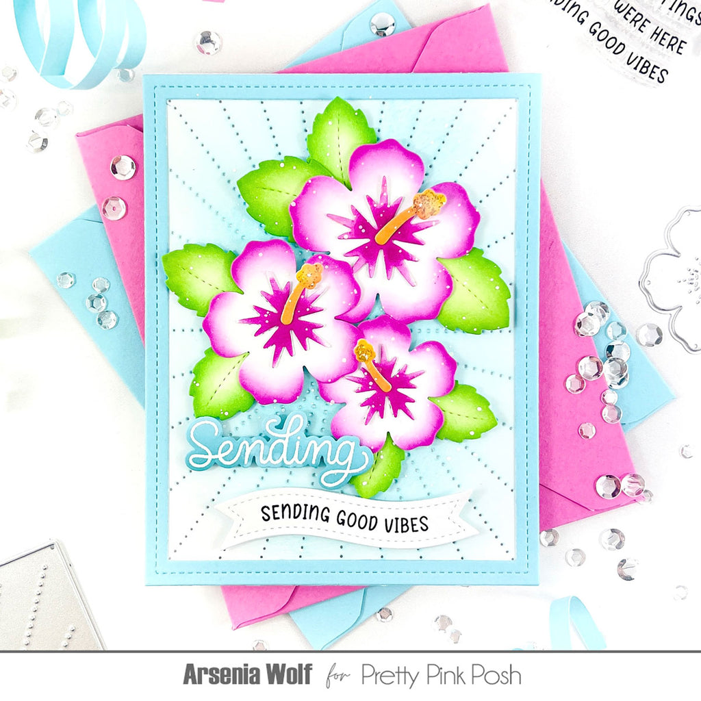 Pretty Pink Posh Hibiscus Flowers Dies pink hibiscus tropical leaves rays good vibes card
