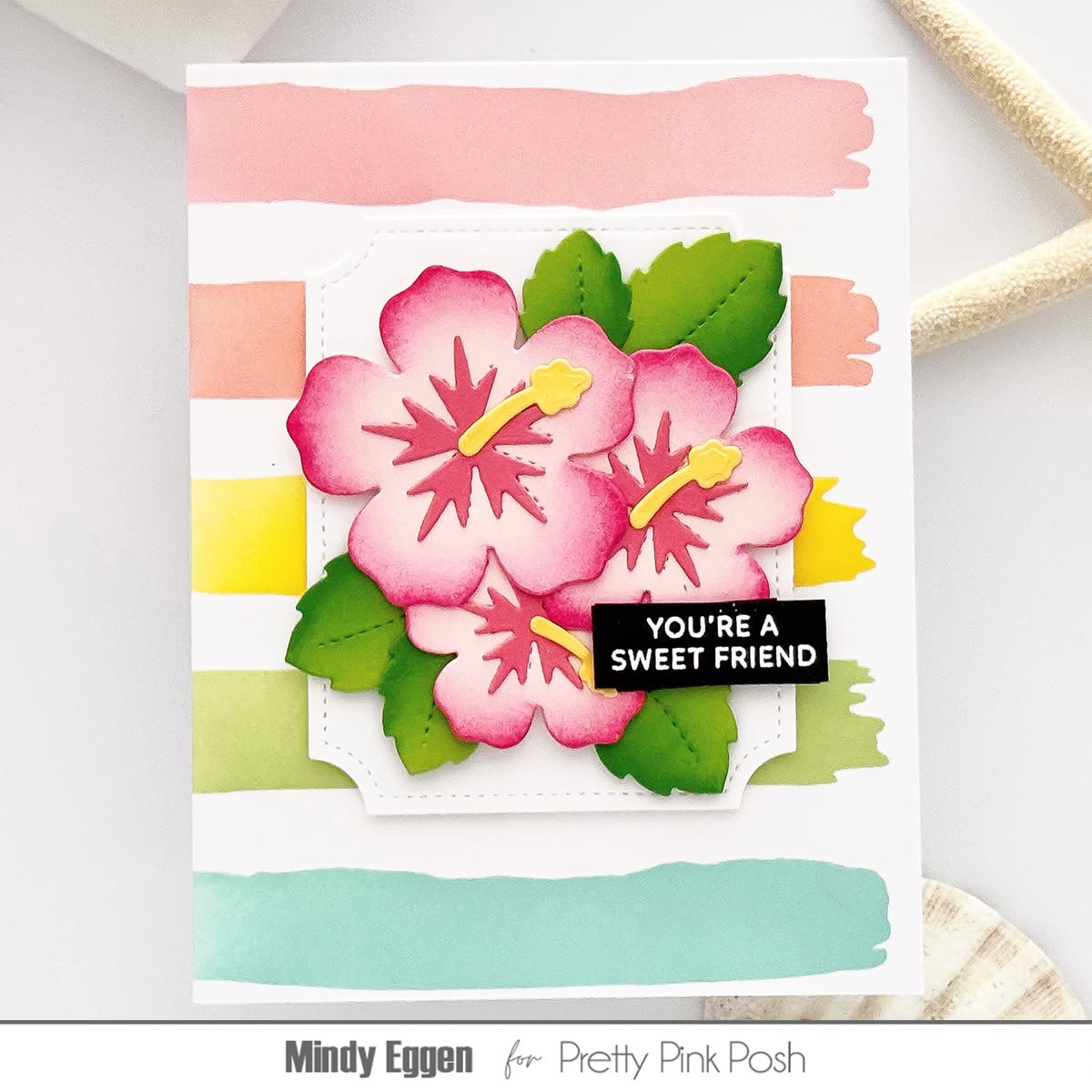 Pretty Pink Posh Hibiscus Flowers Dies rainbow stripes pink hibiscus green leaves stitched frame friend card