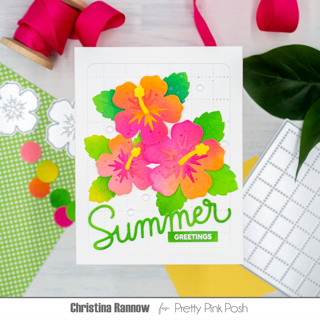 Pretty Pink Posh Hibiscus Flowers Dies rainbow stripes pink hibiscus orange green leaves summer greetings card