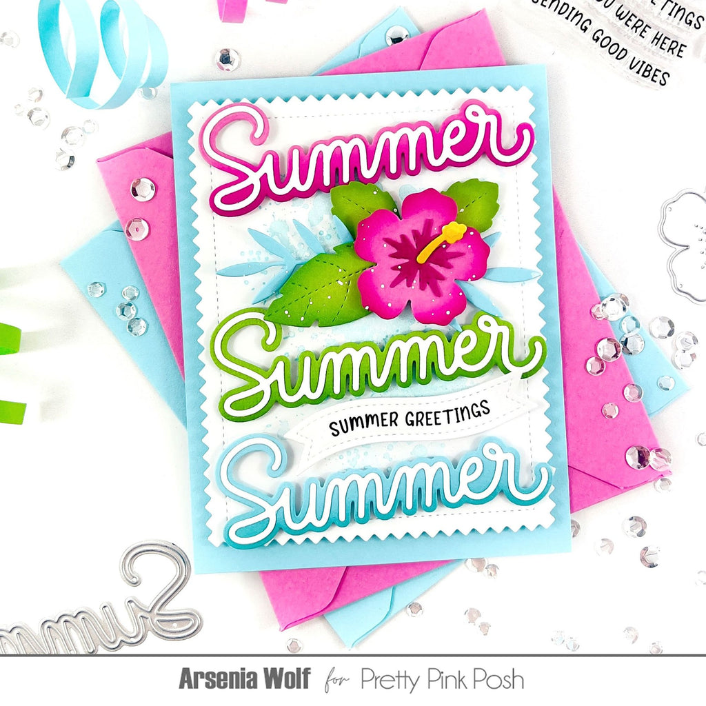 Pretty Pink Posh Large Summer Shadow Dies pink green blue hibiscus leaves stitched frame card