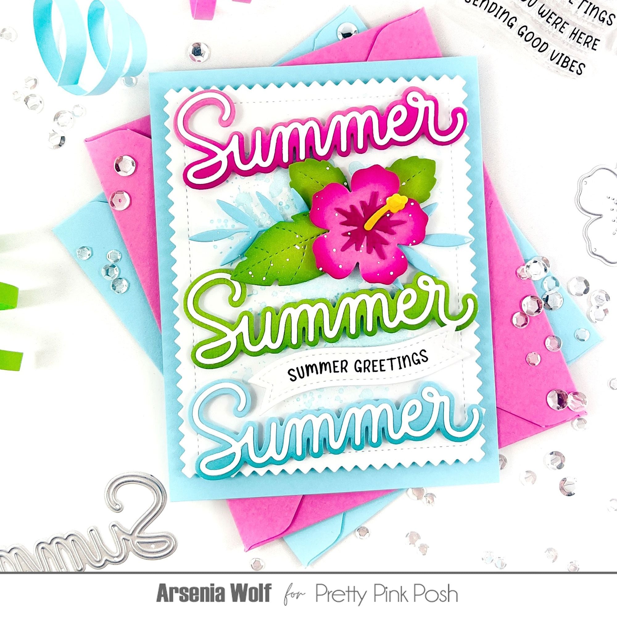 Pretty Pink Posh Large Summer Shadow Dies pink green blue hibiscus leaves stitched frame card