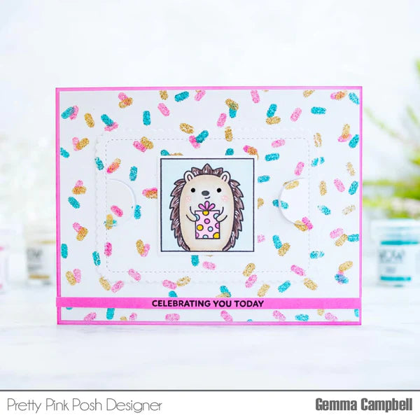 Pretty Pink Posh Layered Confetti Stencil hedgehog