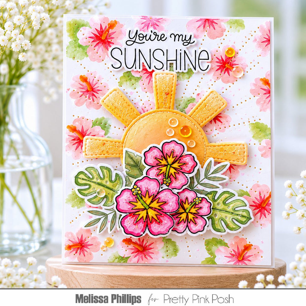 Pretty Pink Posh Layered Hibiscus Stencils pink orange tropical leaves flowers sunshine rays card