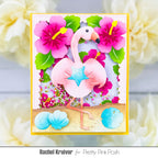 Pretty Pink Posh Layered Hibiscus Stencils pink red green flamingo shells tropical leaves shaker card