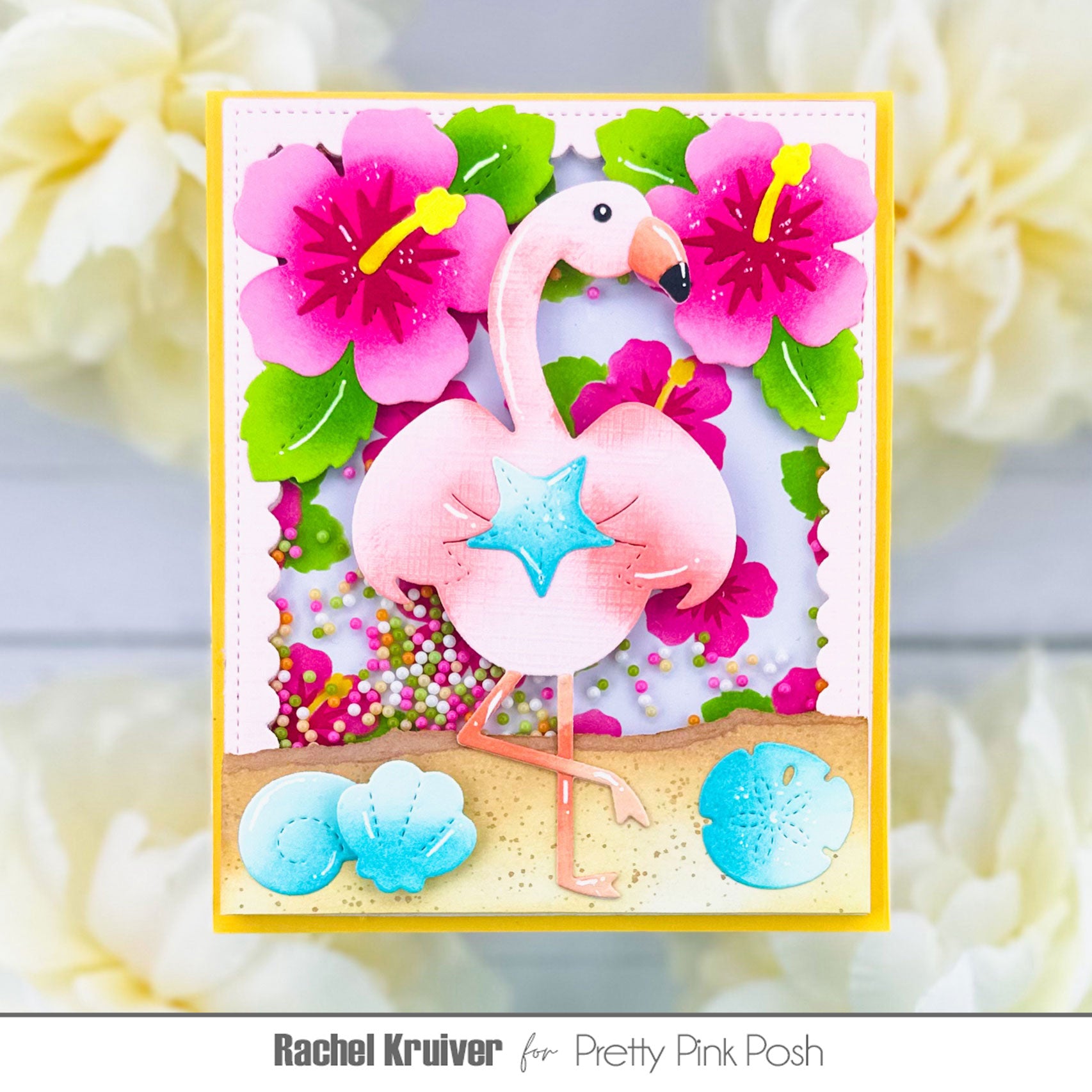 Pretty Pink Posh Layered Hibiscus Stencils pink red green flamingo shells tropical leaves shaker card