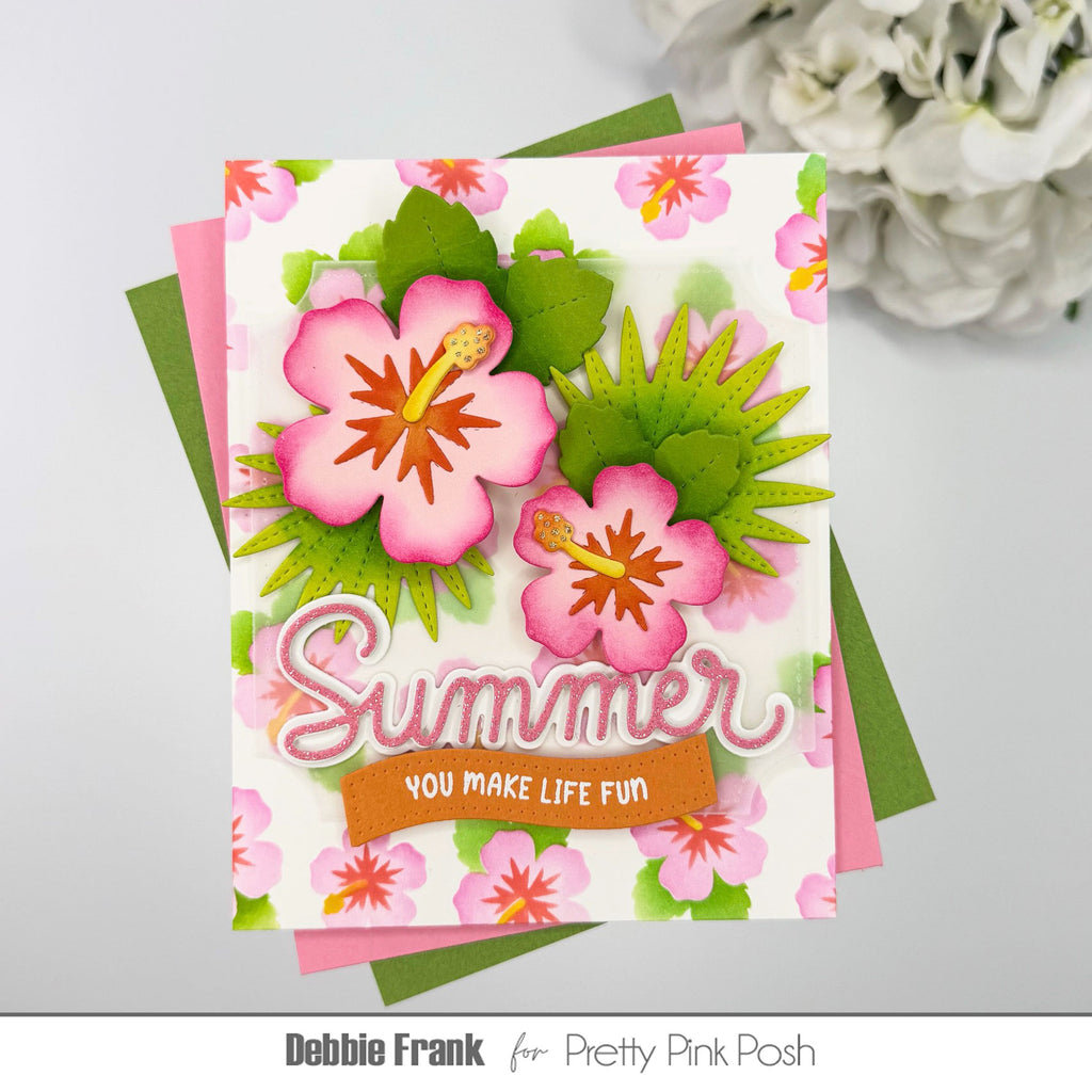 Pretty Pink Posh Layered Hibiscus Stencils pink red green summer tropical leaves card