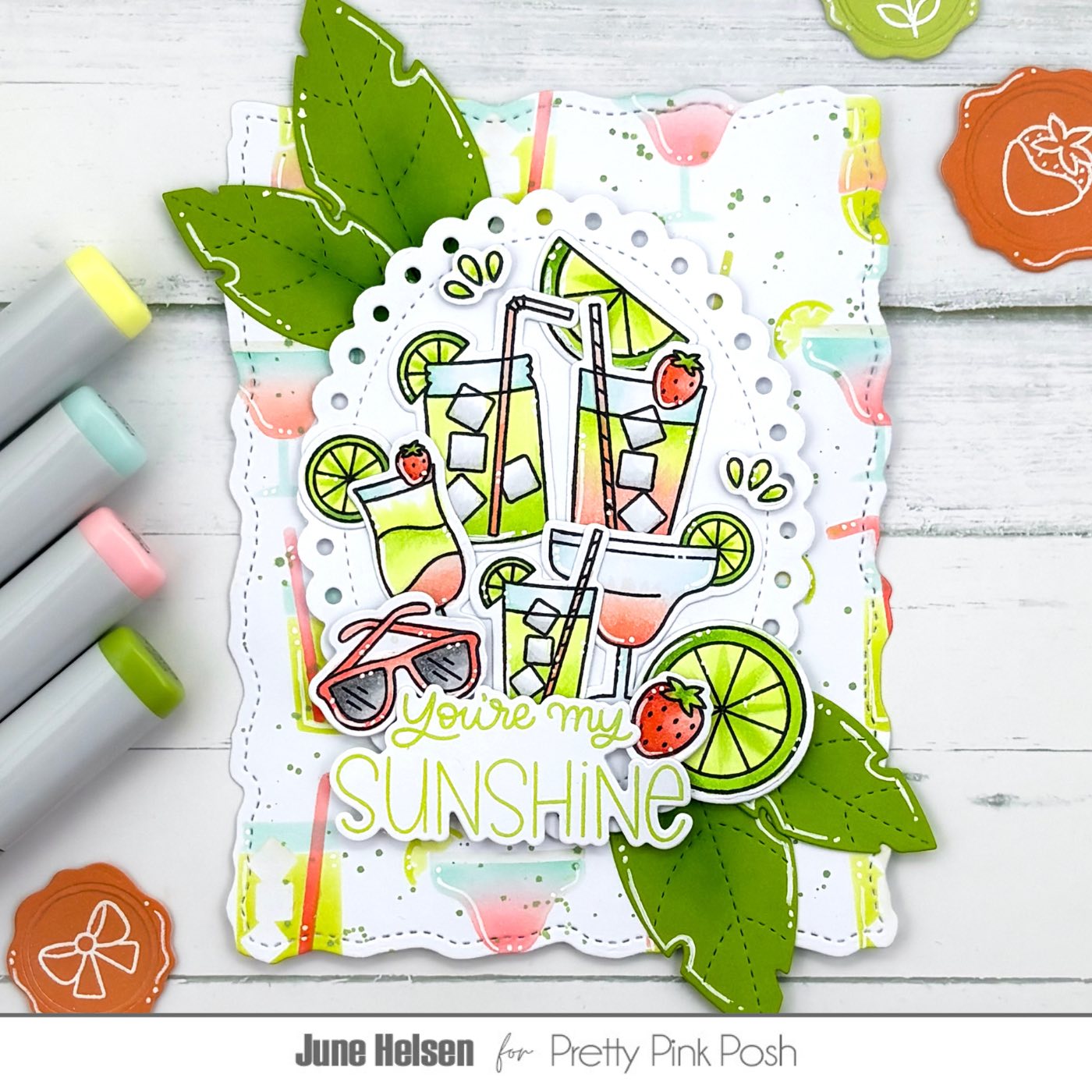 Pretty Pink Posh Layered Summer Drinks Stencils drinks ice cubes sunglasses strawberries limes leaves you're my sunshine card