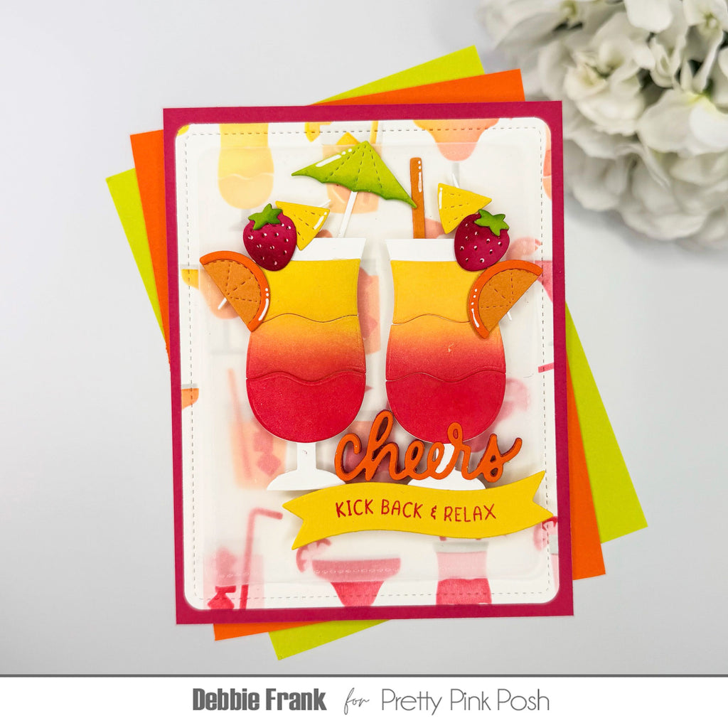 Pretty Pink Posh Layered Summer Drinks Stencils red orange yellow drinks glass fruit umbrella straw cheers card