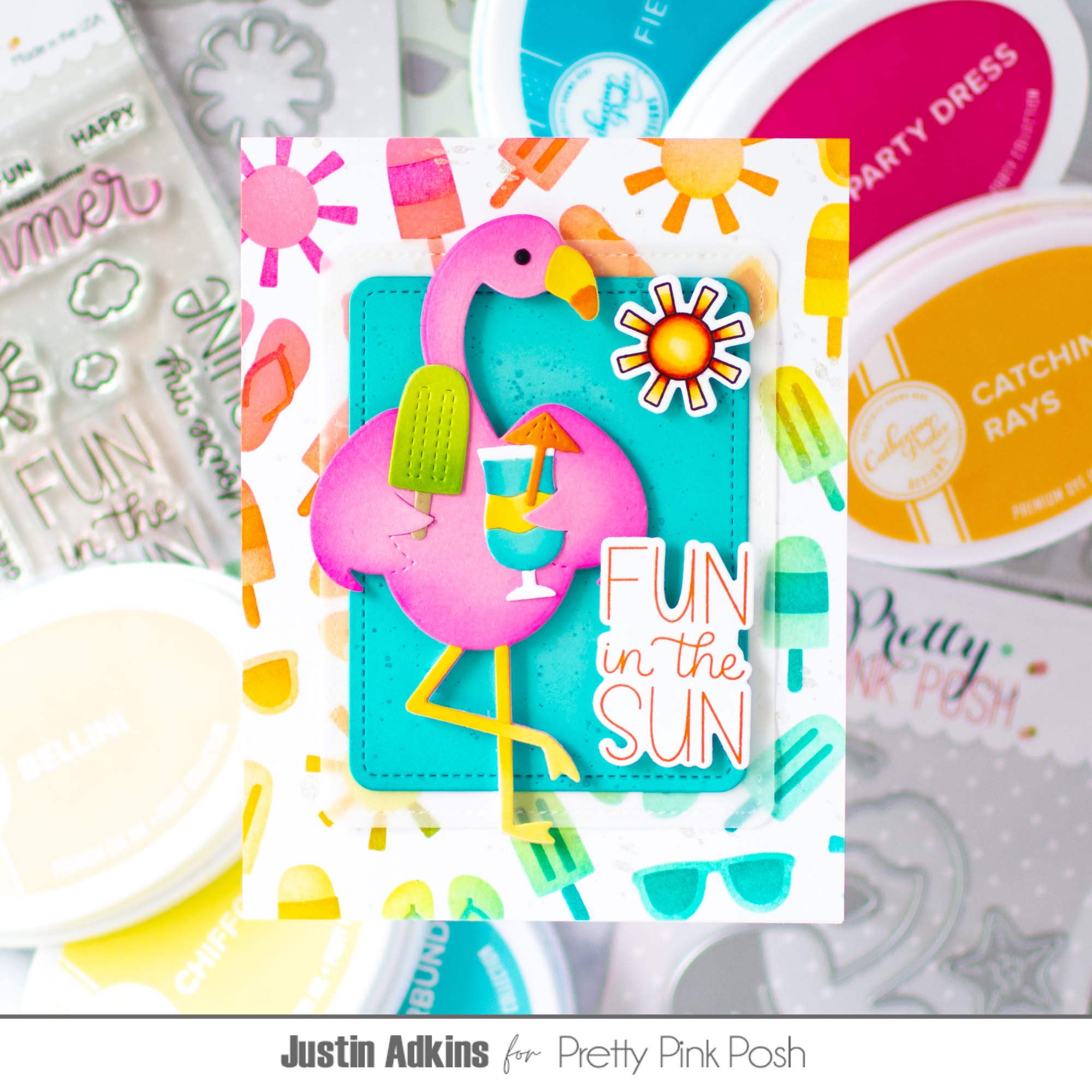 Pretty Pink Posh Layered Summer Fun Stencils pink flamingo popsicle drink umbrella sunshine rainbow card