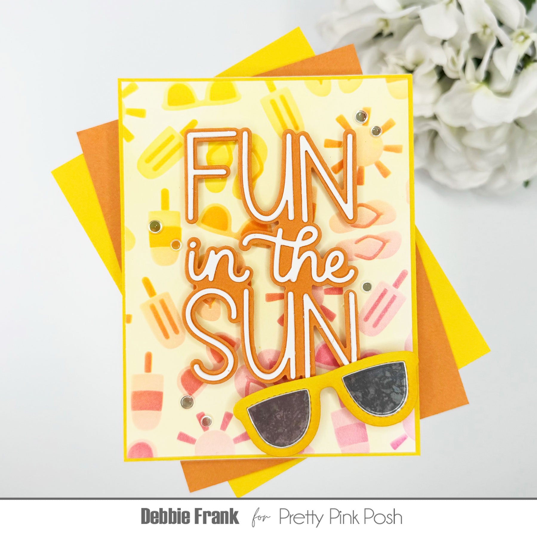 Pretty Pink Posh Layered Summer Fun Stencils sunglasses orange yellow red popsicles flip flops sunshine fun in the sun card