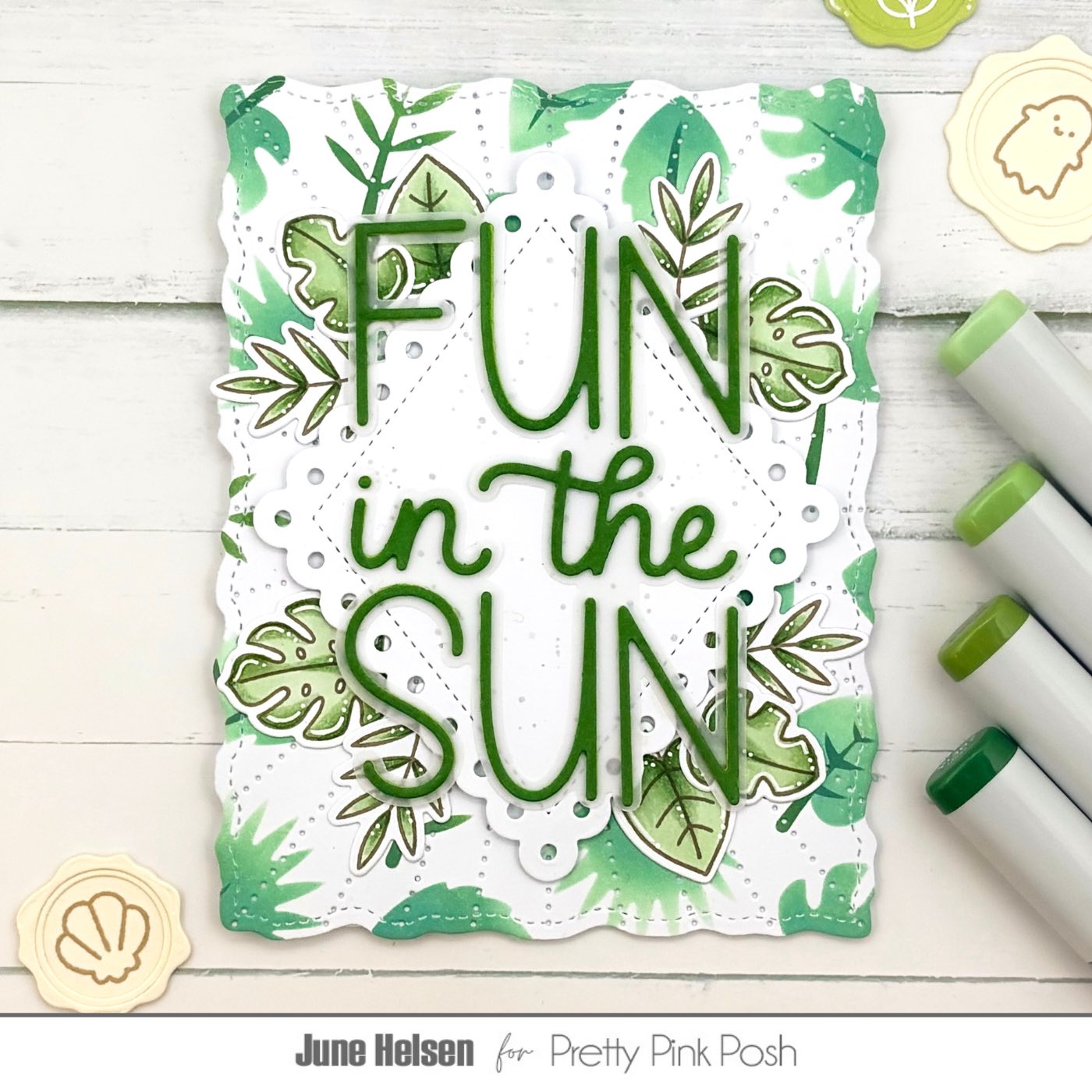 Pretty Pink Posh Layered Tropical Leaves Stencils flamingo leaves green frame diamond fun in the sun card