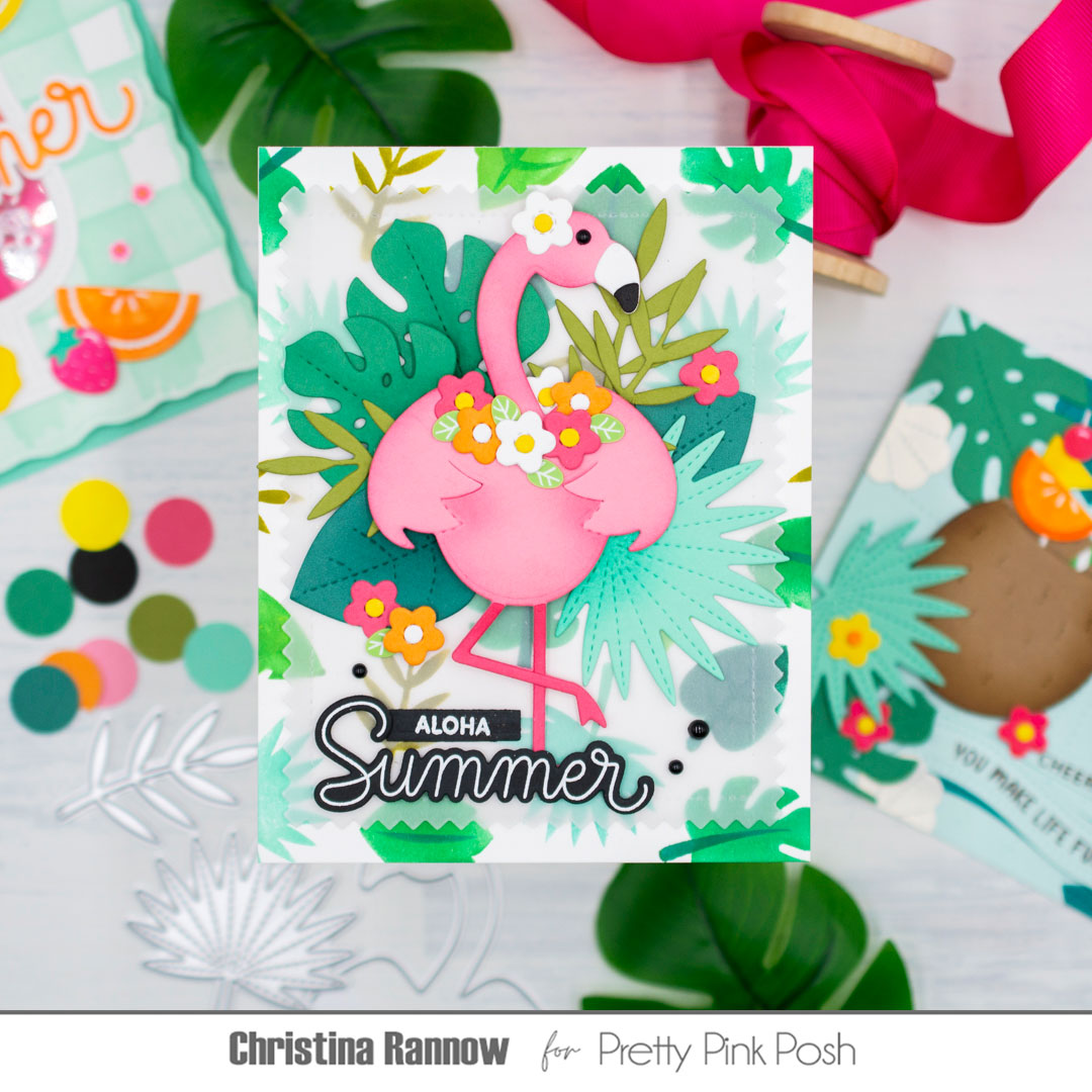 Pretty Pink Posh Layered Tropical Leaves Stencils flamingo leaves lowers lei aloha summer pink green card