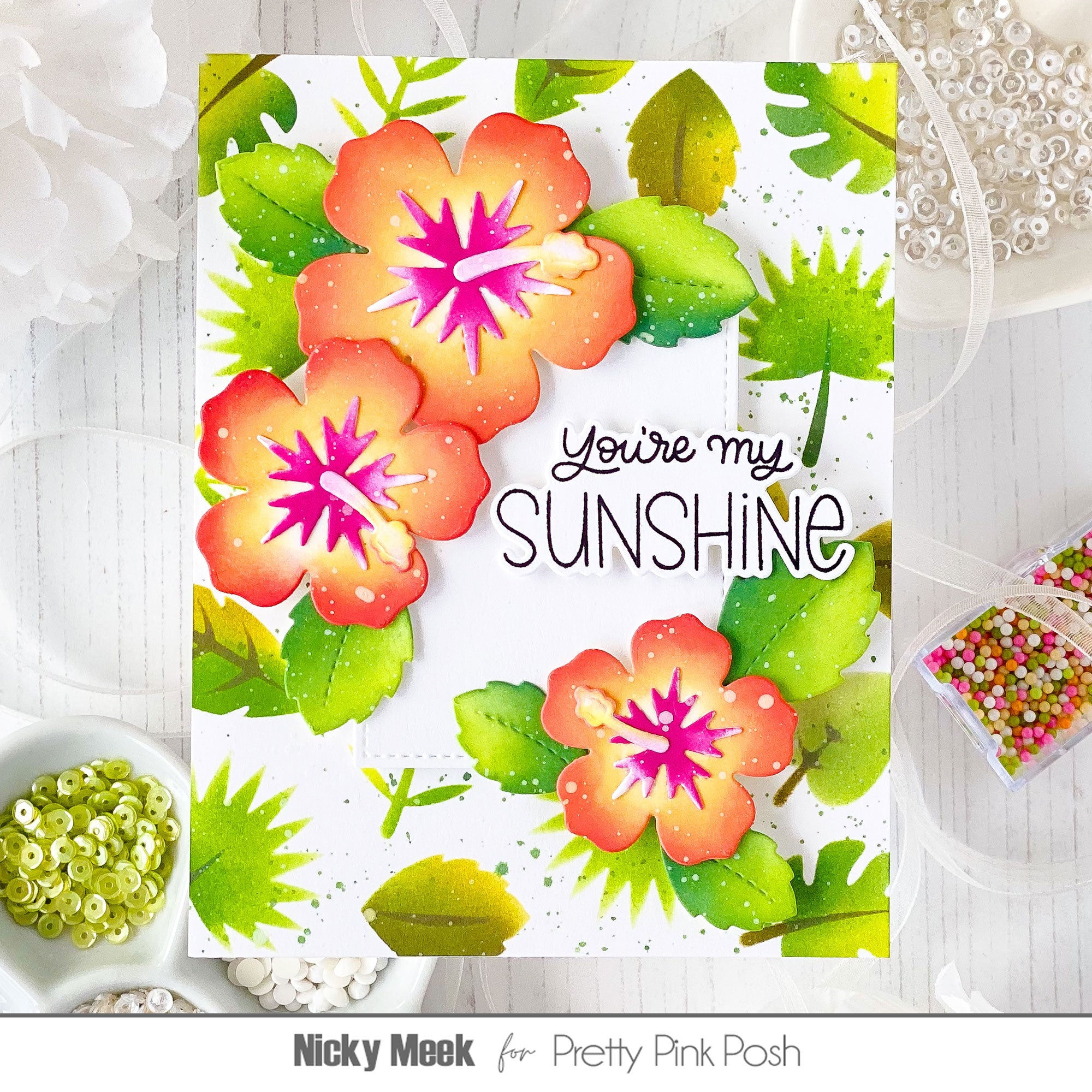 Pretty Pink Posh Layered Tropical Leaves Stencils leaves hibiscus orange yellow pink green you're my sunshine card