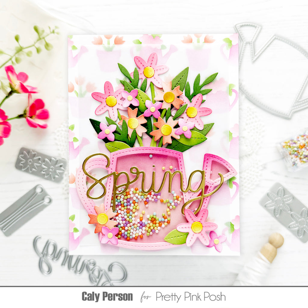 Pretty Pink Posh Layered Watering Can Floral Stencils shaker card | color-code:ALT01