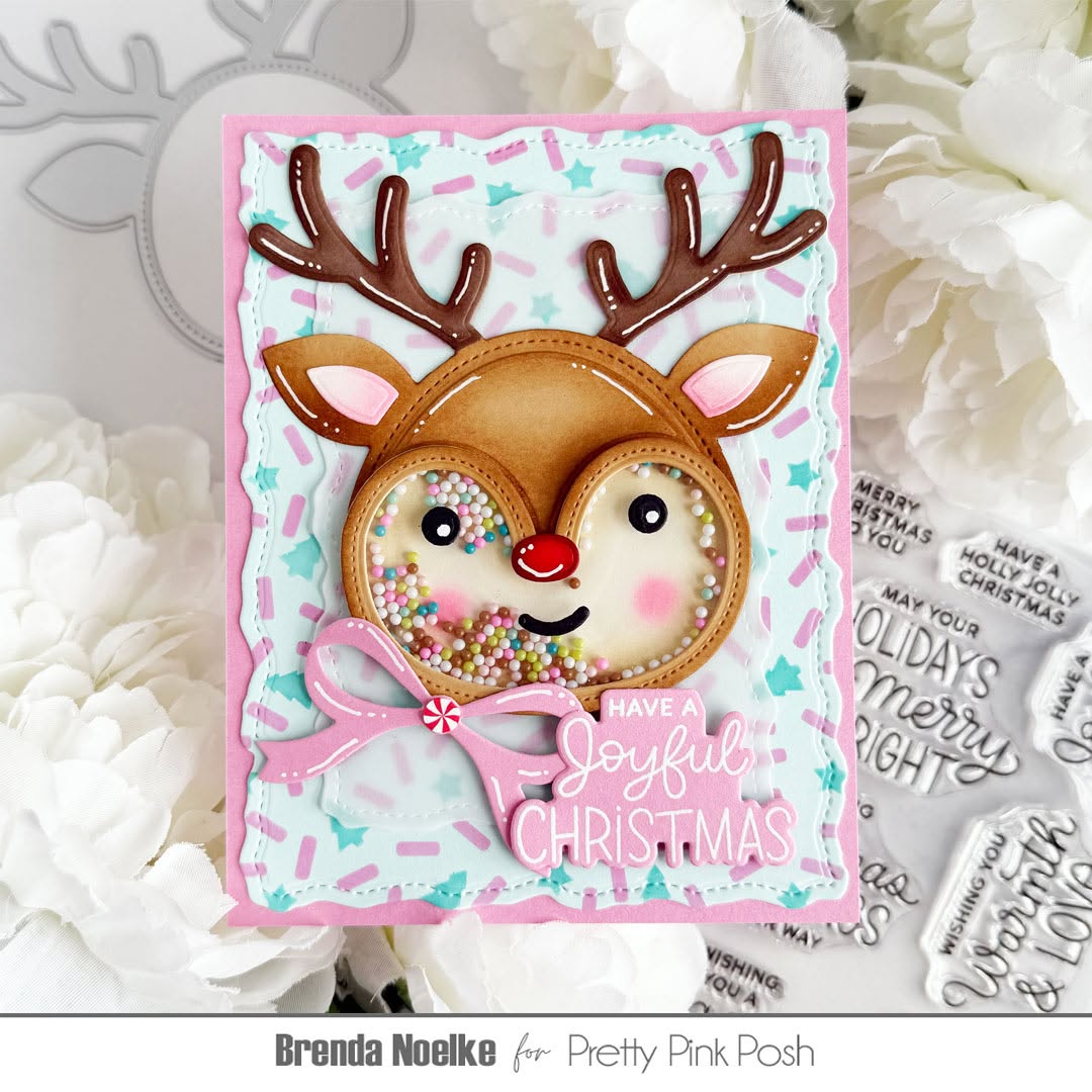 Pretty Pink Posh Merry Greetings Clear Stamp and Die Set joyful christmas shaker card