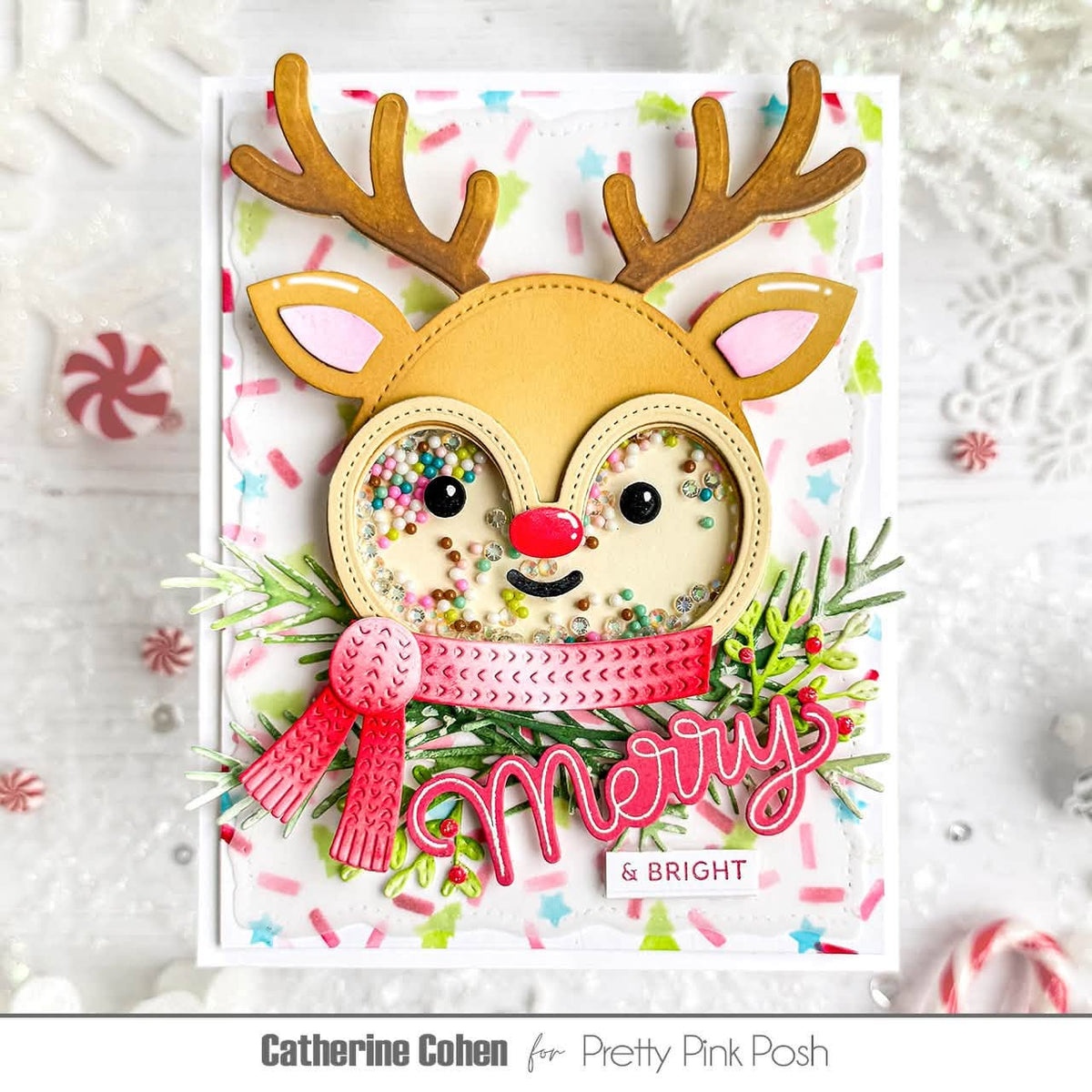 Pretty Pink Posh Merry Greetings Clear Stamp and Die Set merry and bright shaker card