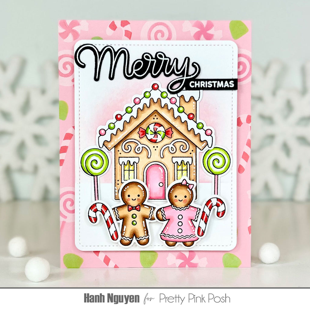 Pretty Pink Posh Merry Greetings Clear Stamps gingerbread house card