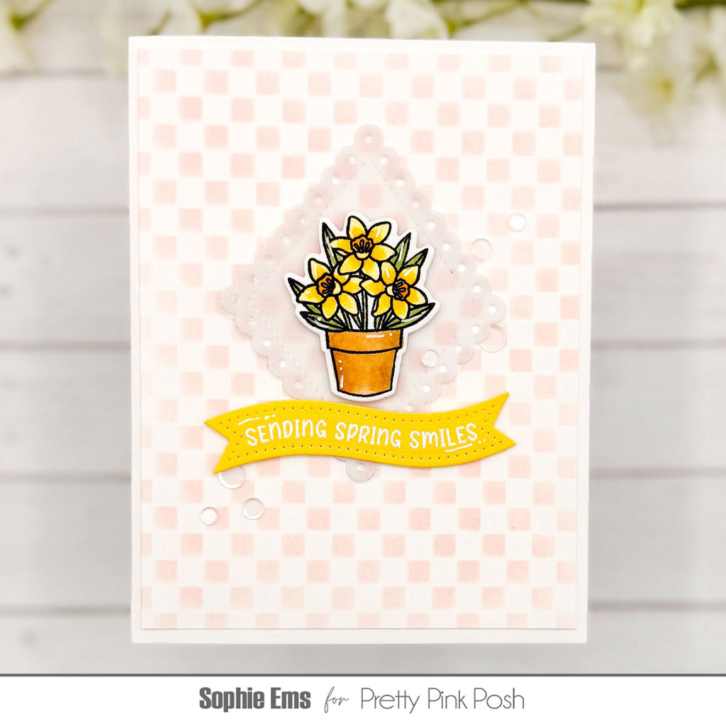 Pretty Pink Posh Mini Checker Stencil potted daffodils